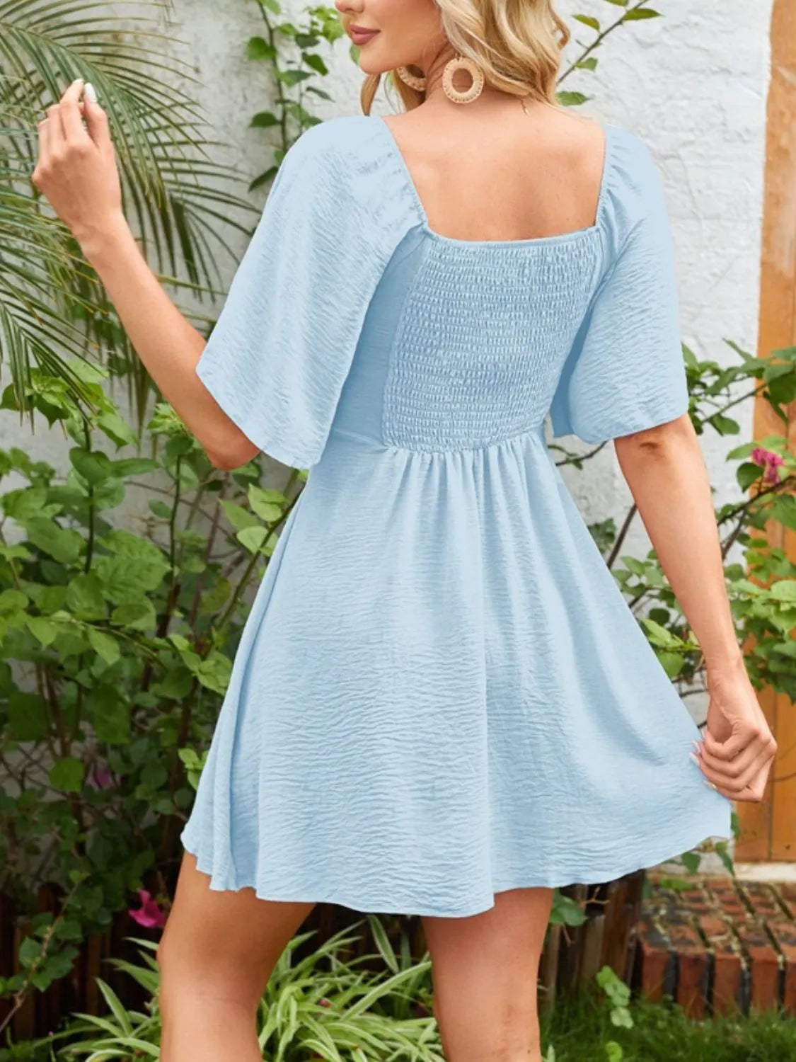 Smocked Back Knotted Flutter Sleeve Dress - Velora Luxury Fashion