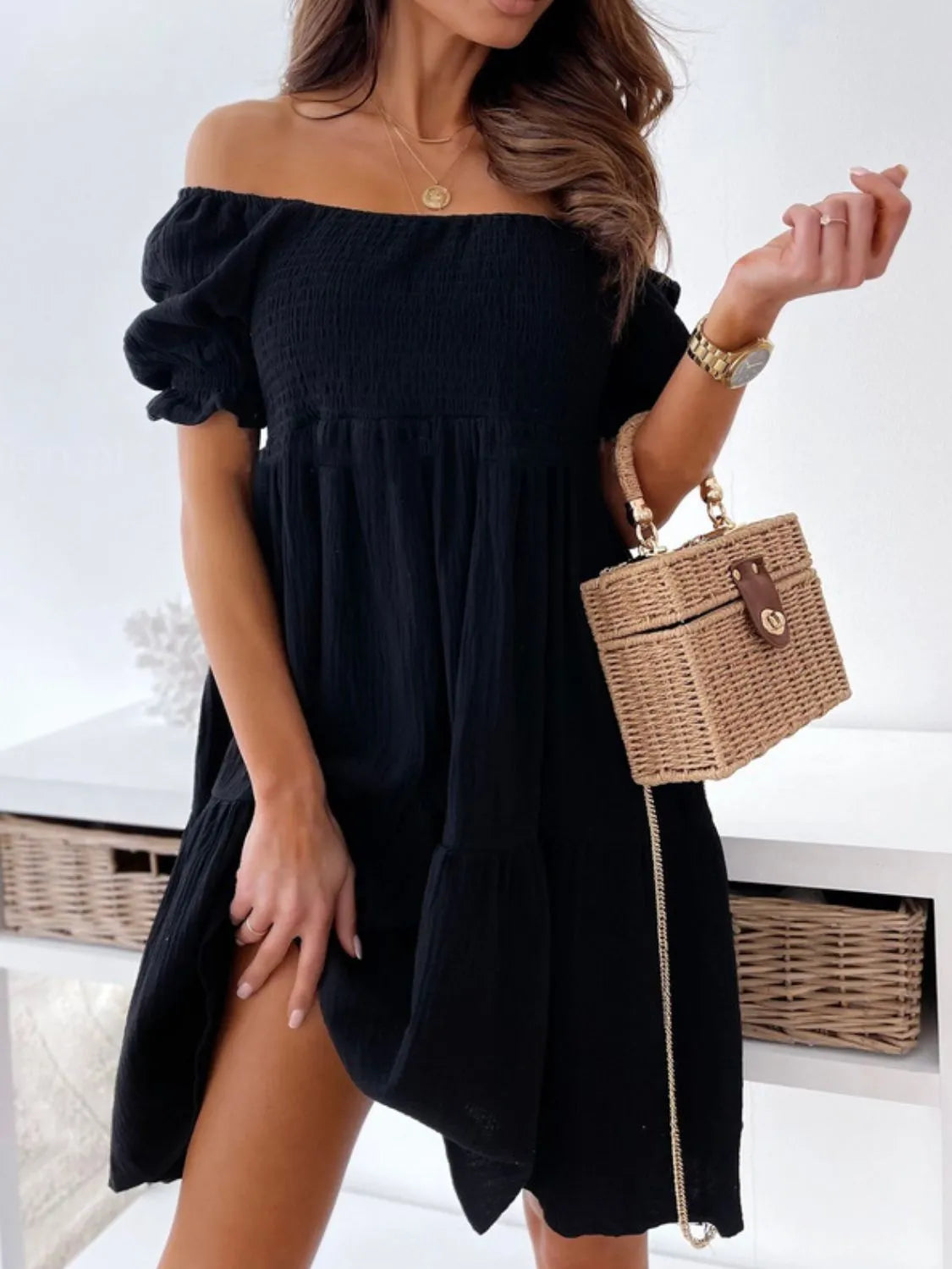 Smocked Off-Shoulder Mini Dress - Velora Luxury Fashion