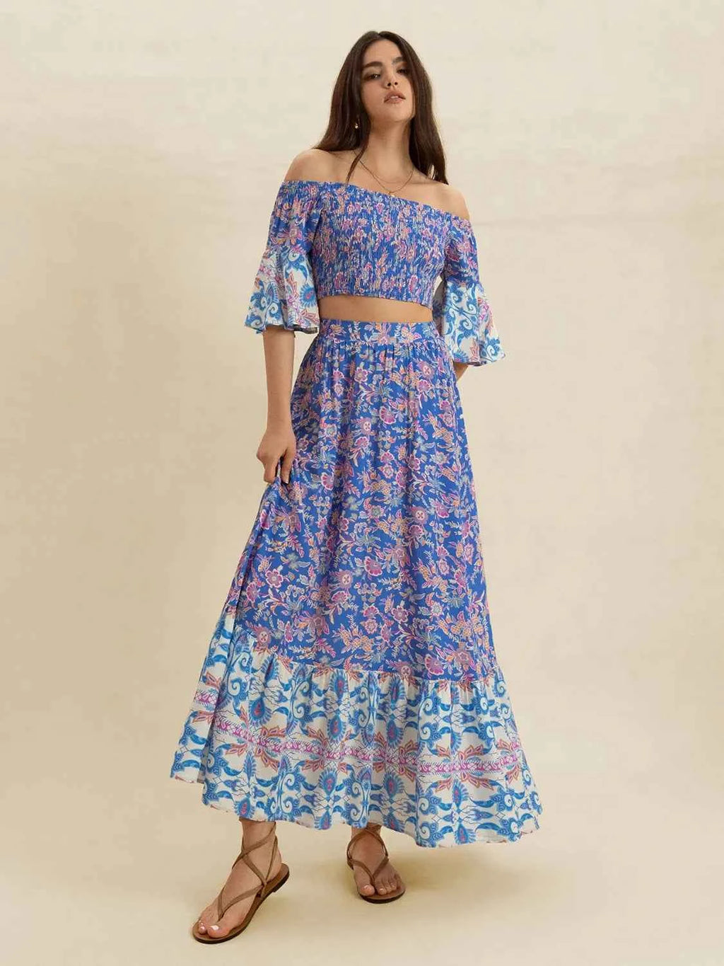 Smocked Off-Shoulder Printed Top and Skirt Set