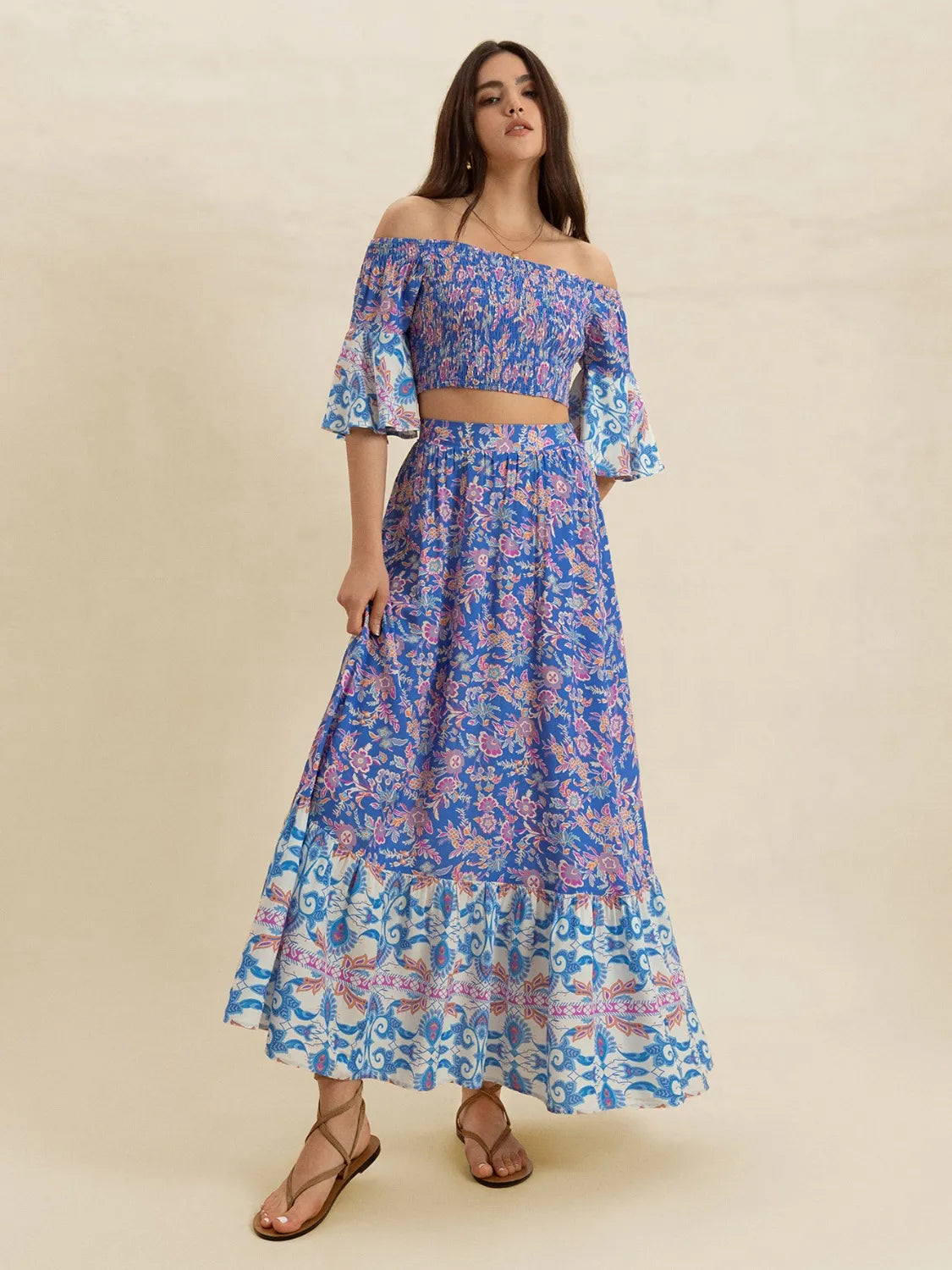 Smocked Off-Shoulder Printed Top and Skirt Set - Velora