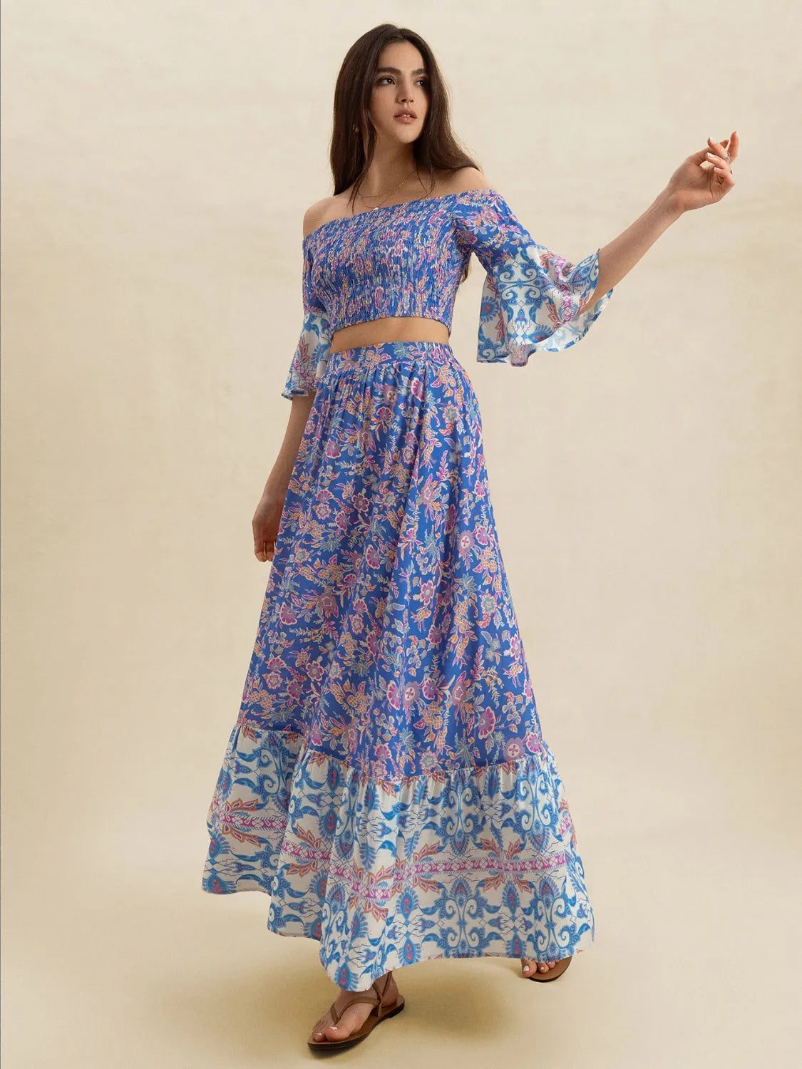 Smocked Off-Shoulder Printed Top and Skirt Set - Velora