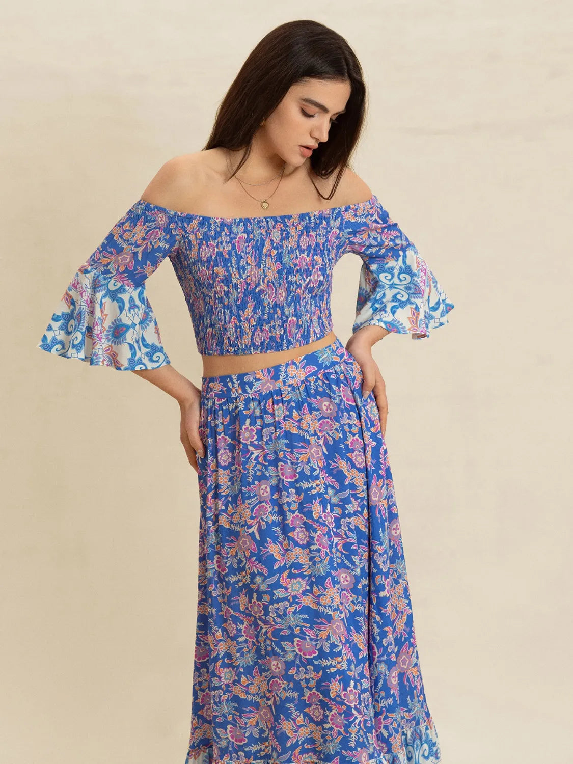 Smocked Off-Shoulder Printed Top and Skirt Set - Velora