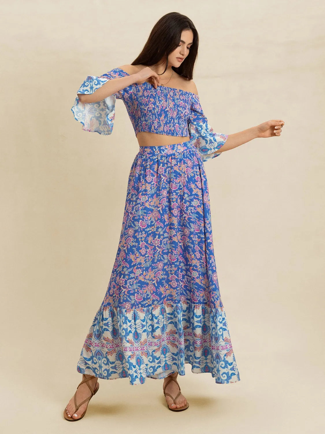 Smocked Off-Shoulder Printed Top and Skirt Set - Velora