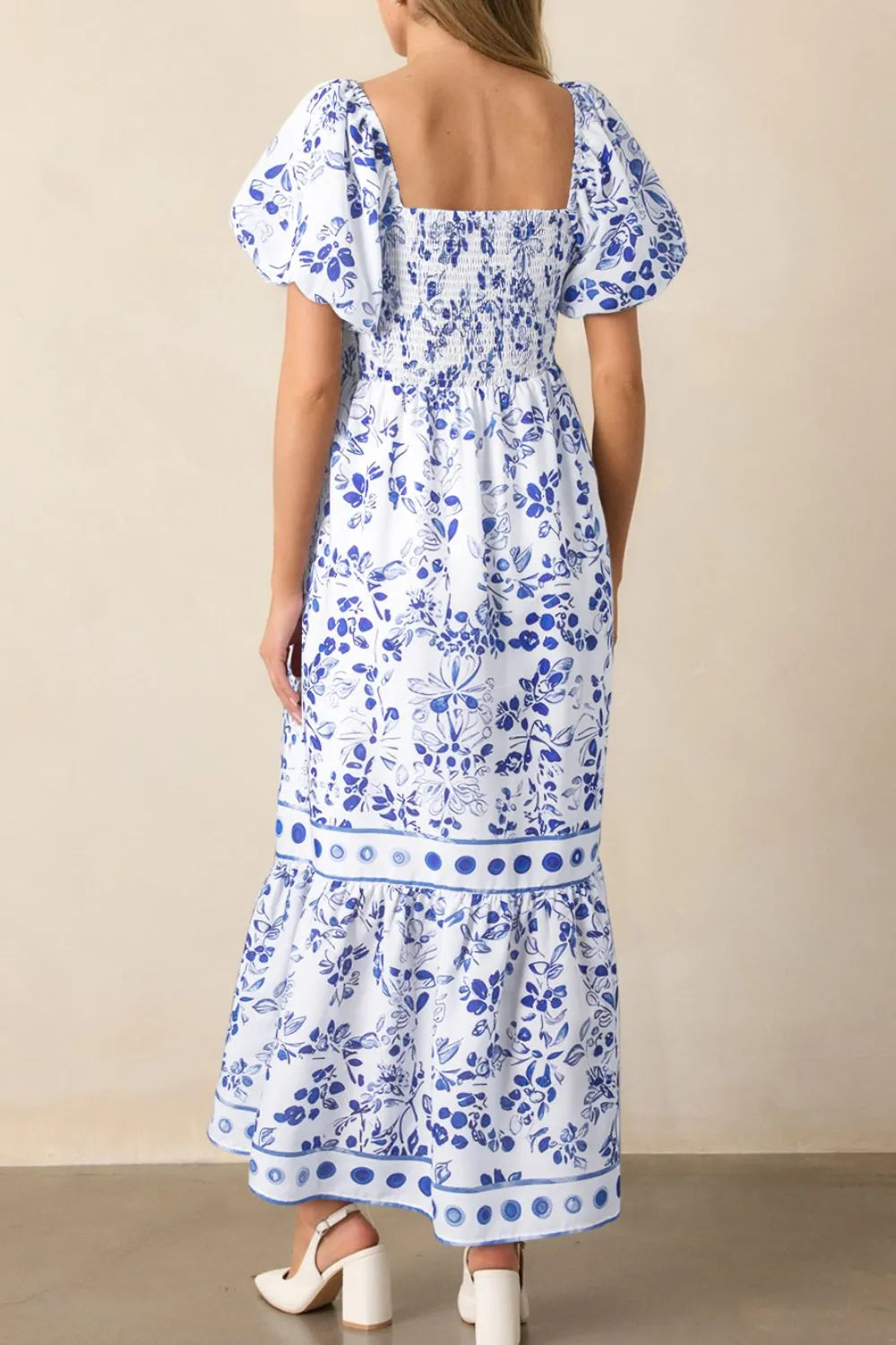 Smocked Printed Square Neck Puff Sleeve Dress - Velora Luxury Fashion