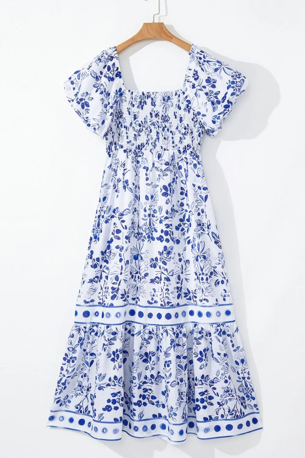 Smocked Printed Square Neck Puff Sleeve Dress - Velora Luxury Fashion