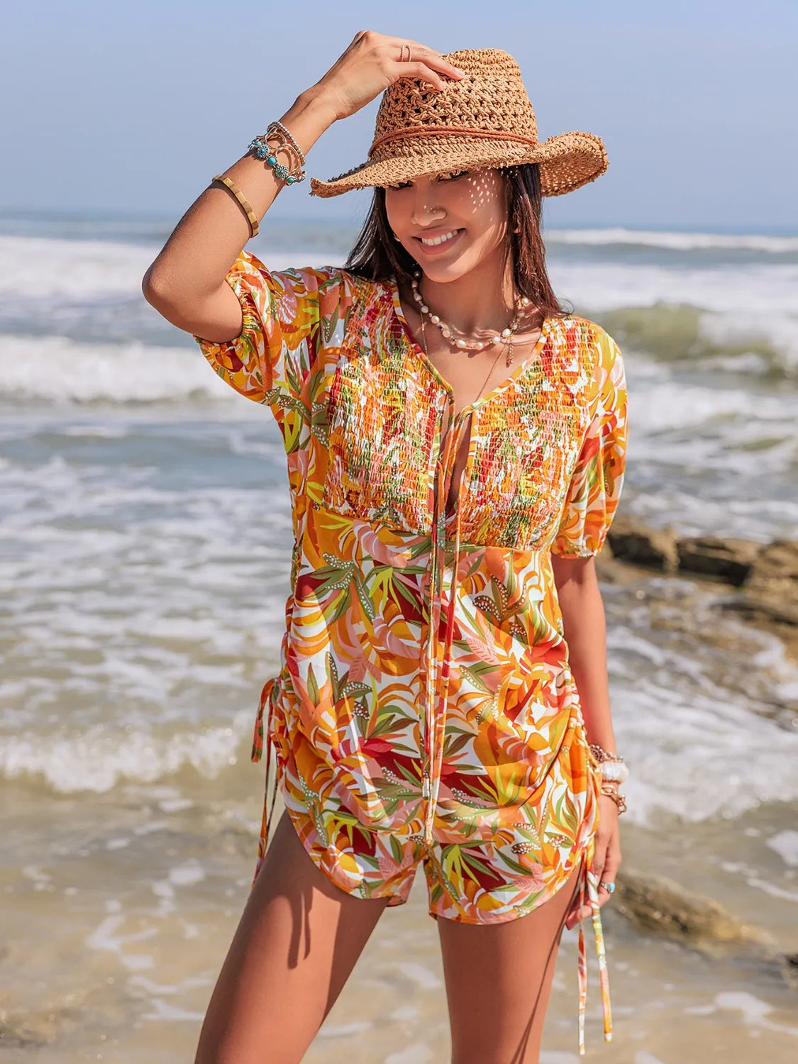 Smocked Printed Tie Neck Romper - Velora