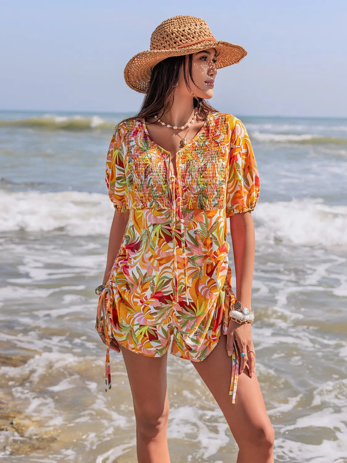 Smocked Printed Tie Neck Romper - Velora