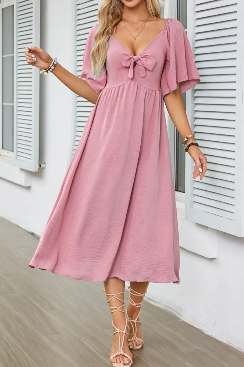 Smocked Tie Front Flutter Sleeve Midi Dress - Velora Luxury Fashion