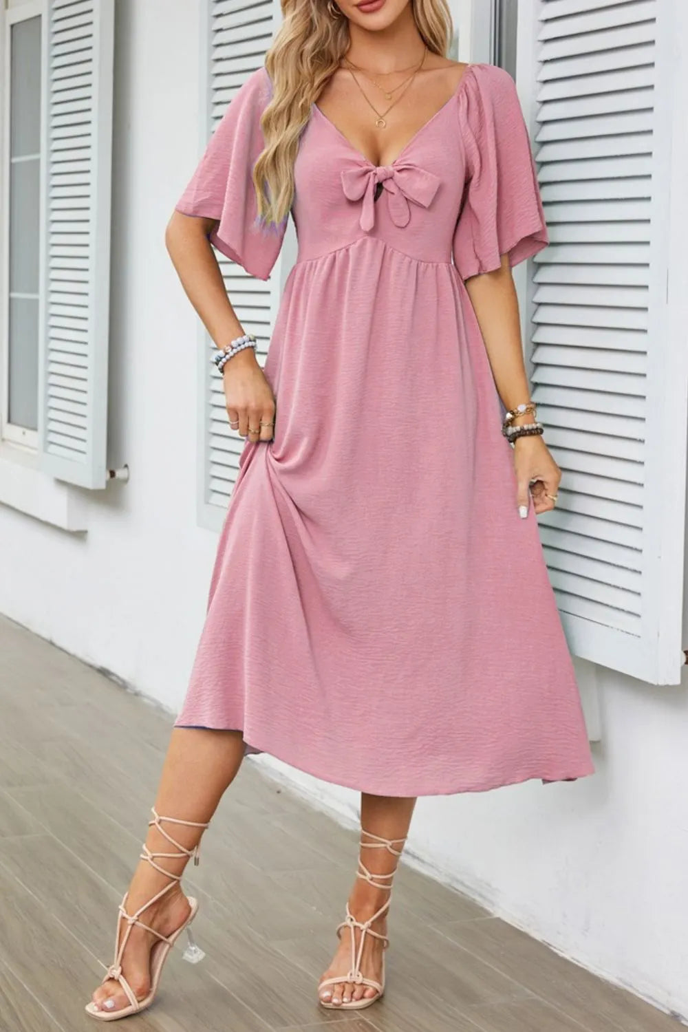 Smocked Tie Front Flutter Sleeve Midi Dress - Velora Luxury Fashion