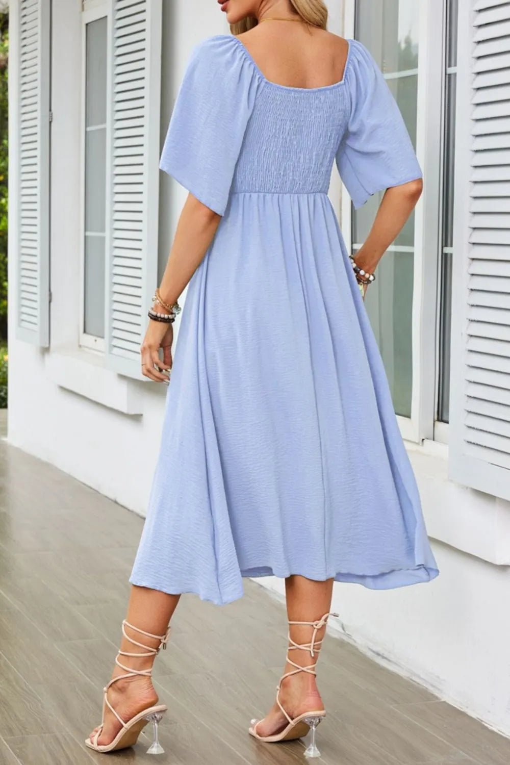 Smocked Tie Front Flutter Sleeve Midi Dress - Velora Luxury Fashion