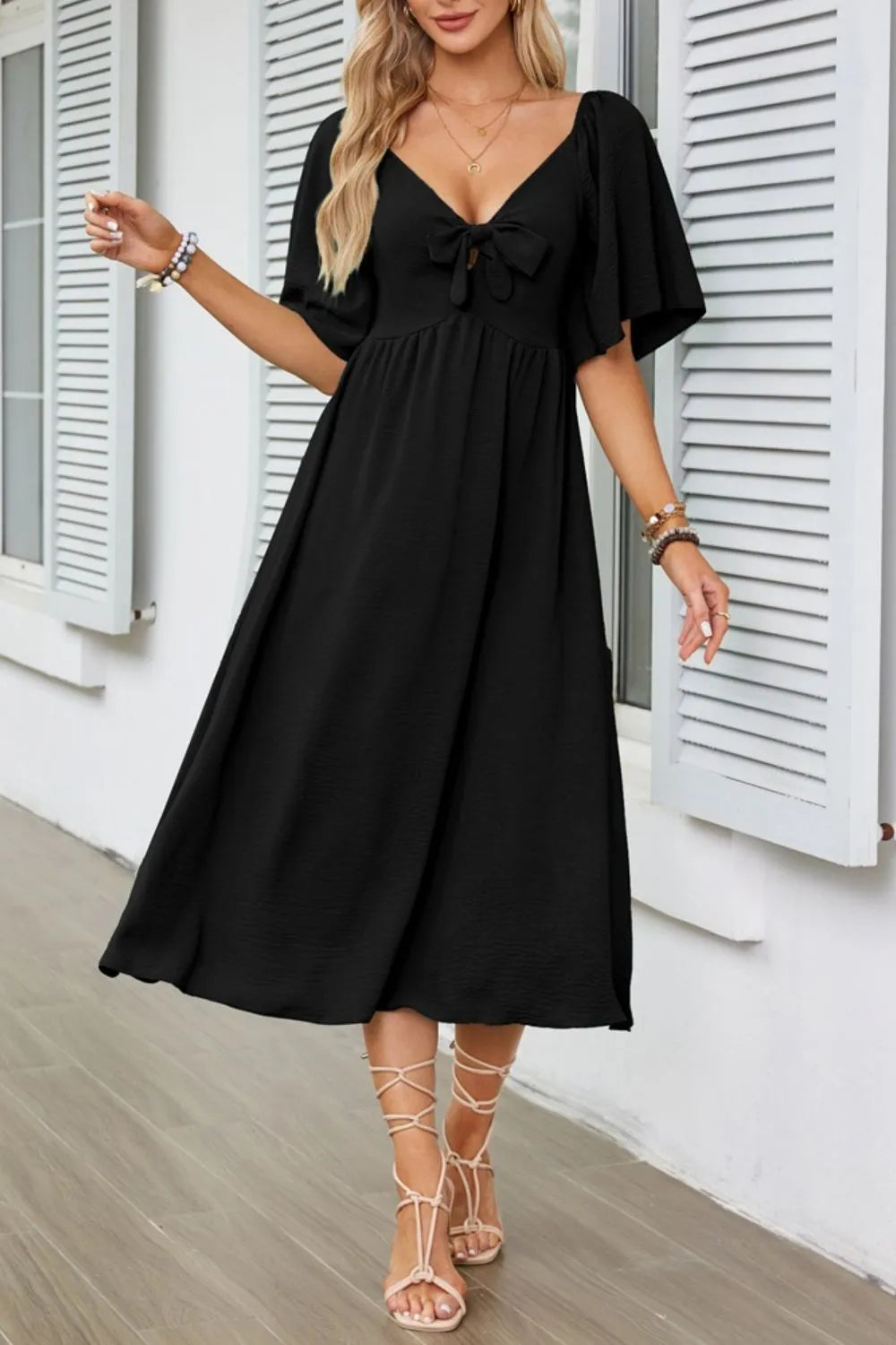 Smocked Tie Front Flutter Sleeve Midi Dress - Velora Luxury Fashion