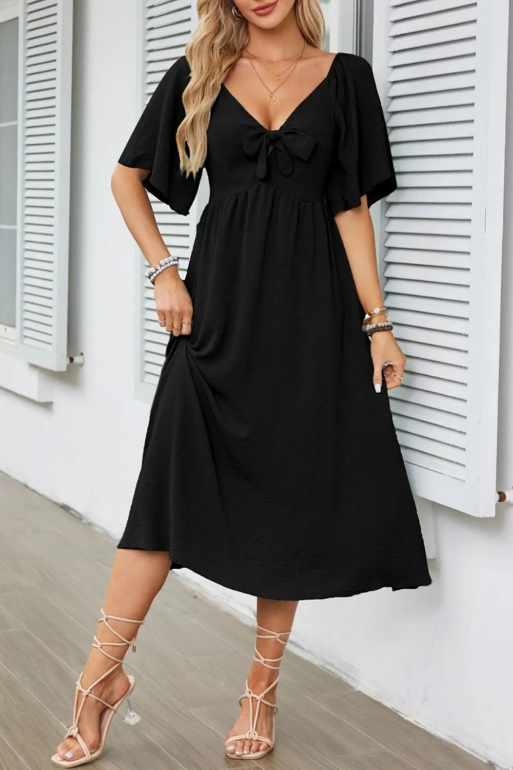 Smocked Tie Front Flutter Sleeve Midi Dress - Velora Luxury Fashion
