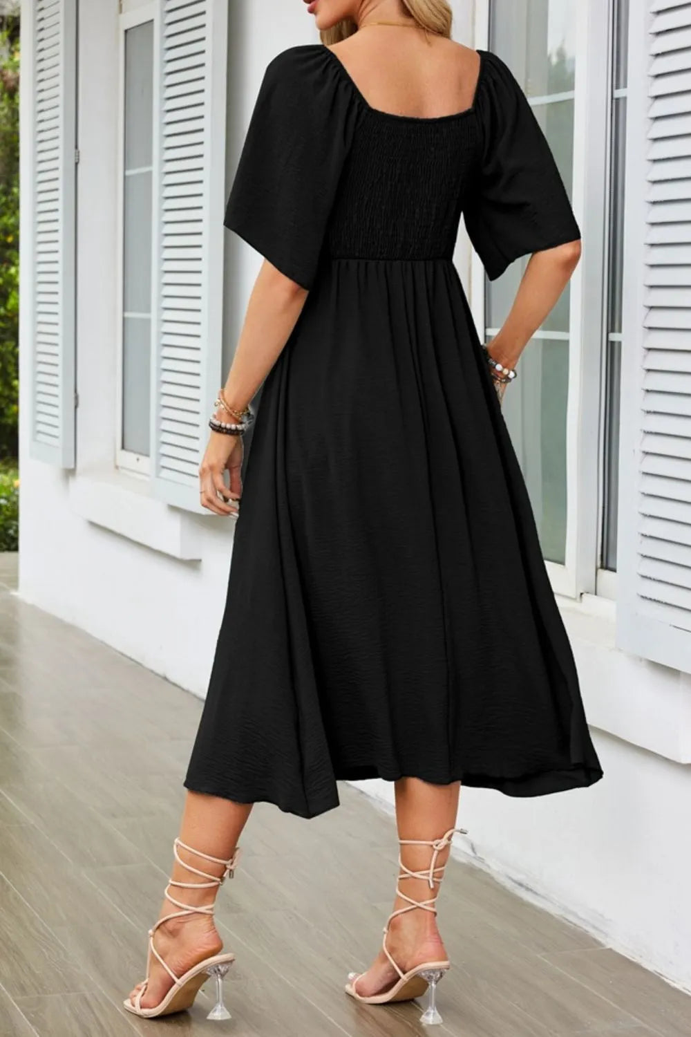 Smocked Tie Front Flutter Sleeve Midi Dress - Velora Luxury Fashion