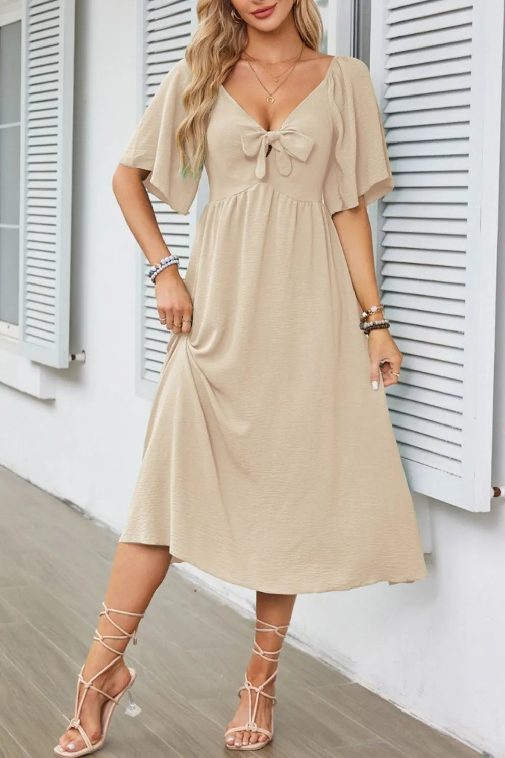 Smocked Tie Front Flutter Sleeve Midi Dress - Velora Luxury Fashion
