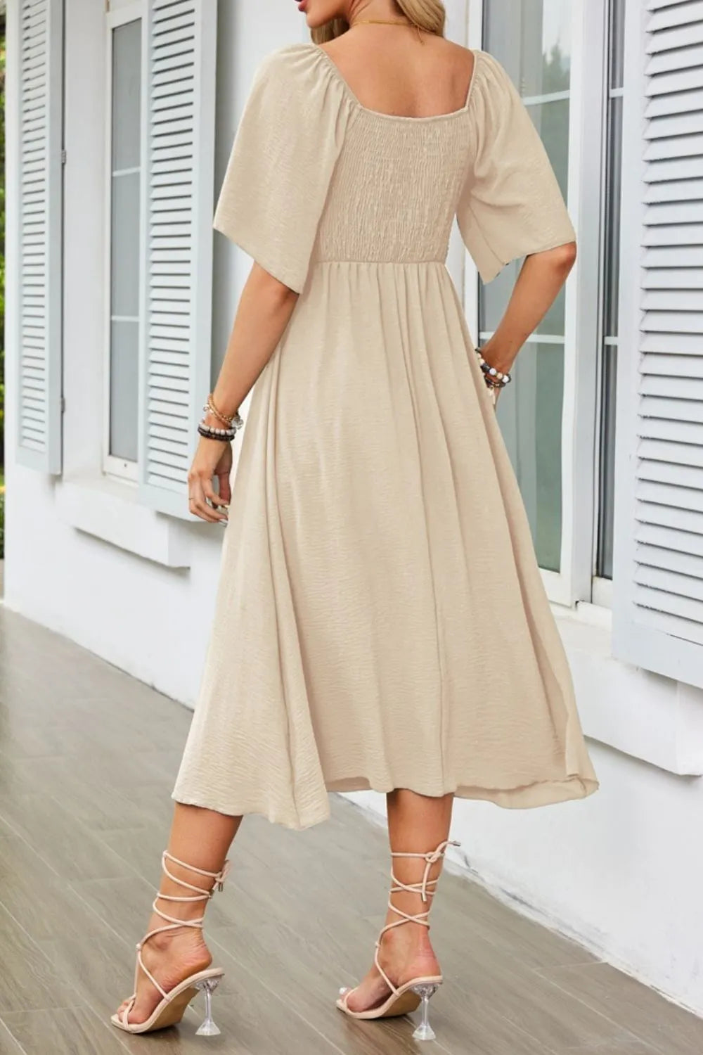 Smocked Tie Front Flutter Sleeve Midi Dress - Velora Luxury Fashion