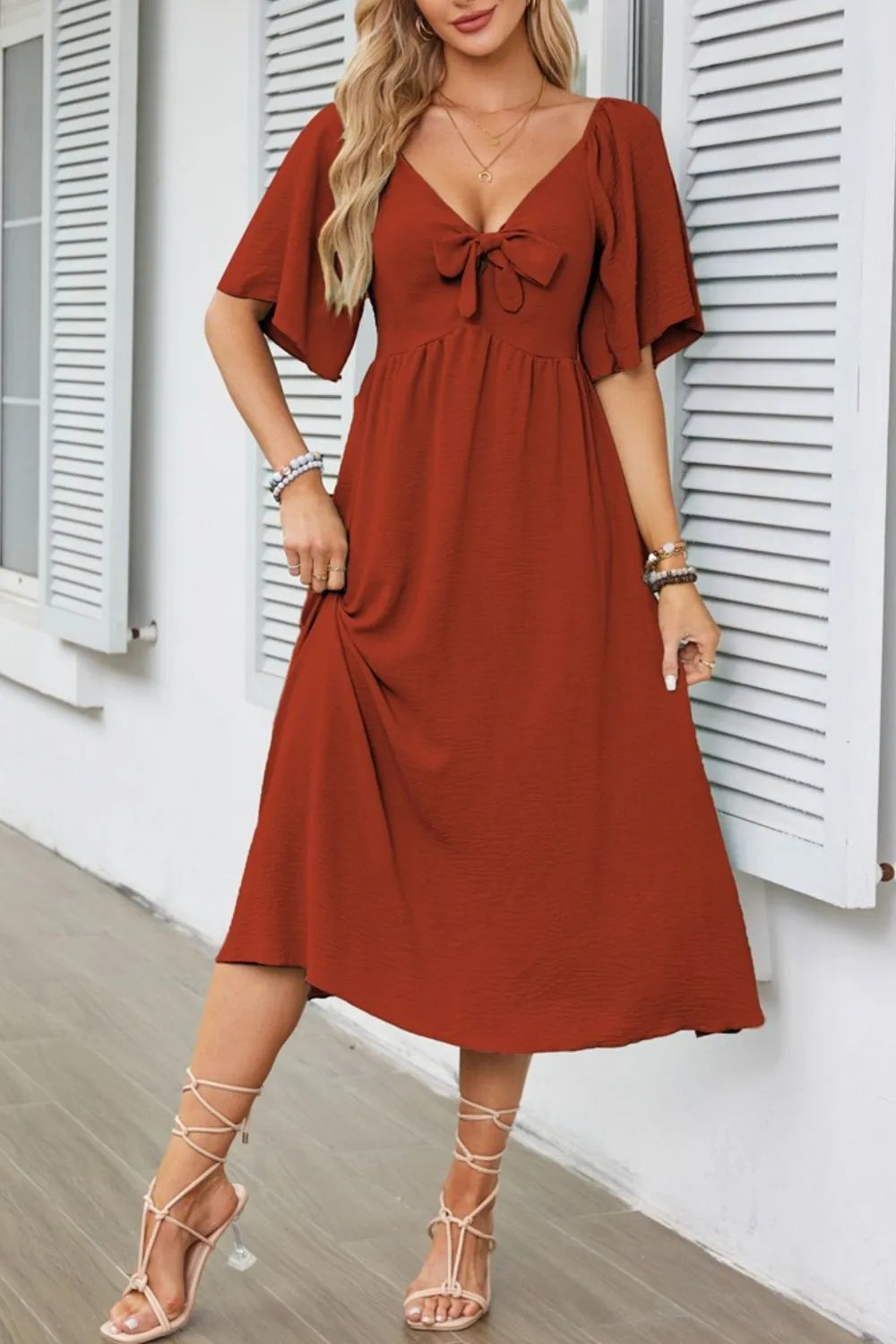 Smocked Tie Front Flutter Sleeve Midi Dress - Velora Luxury Fashion