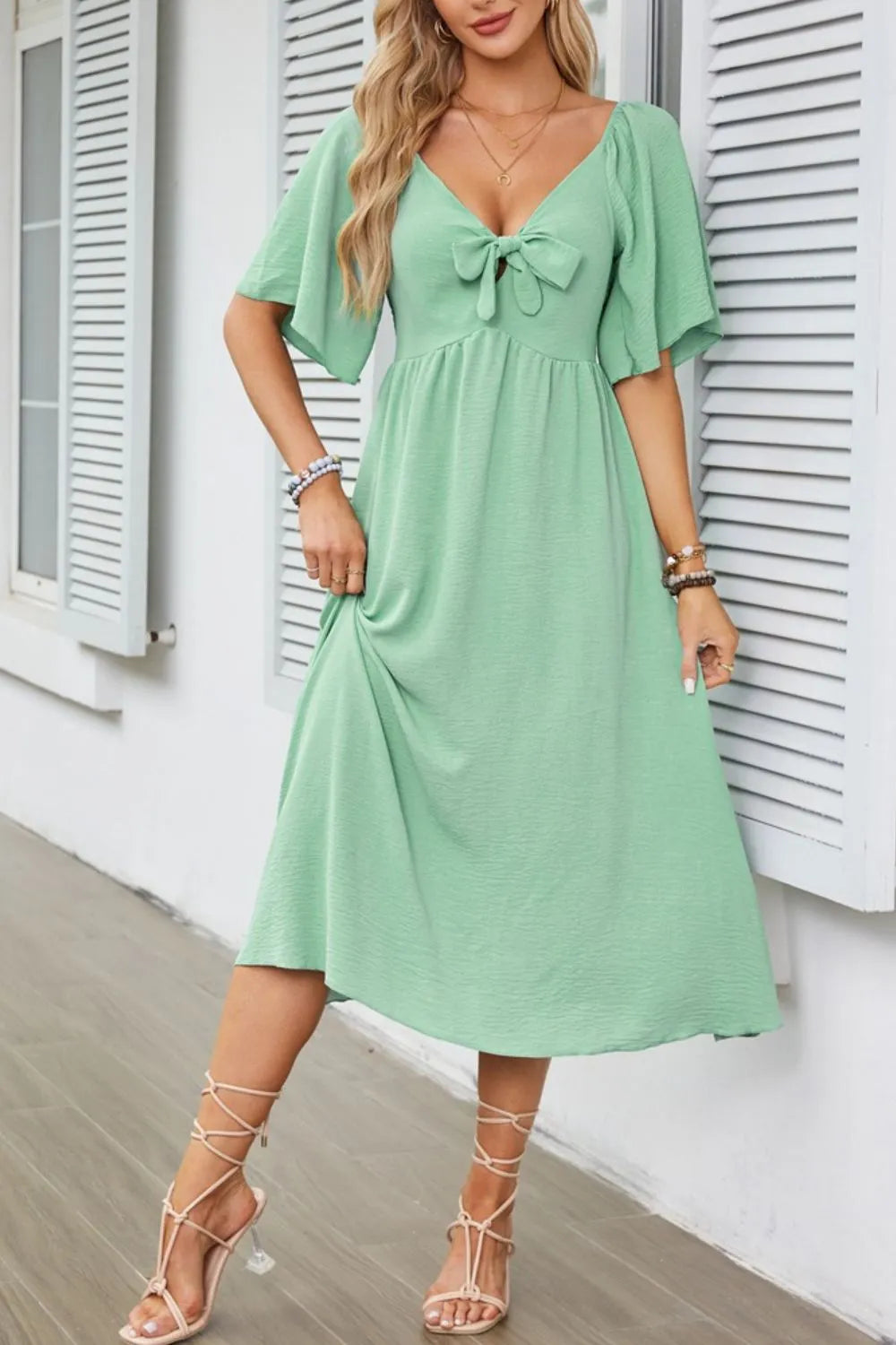 Smocked Tie Front Flutter Sleeve Midi Dress - Velora Luxury Fashion