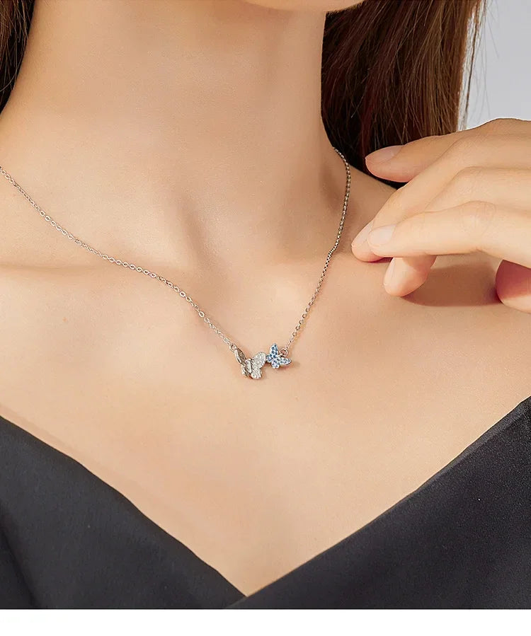 Soar with Style: Blue Zircon Korean Style Sterling Silver Butterfly Necklace - Velora Luxury Fashion