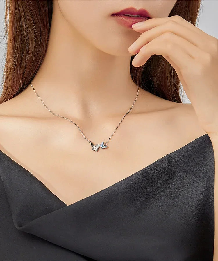 Soar with Style: Blue Zircon Korean Style Sterling Silver Butterfly Necklace - Velora Luxury Fashion