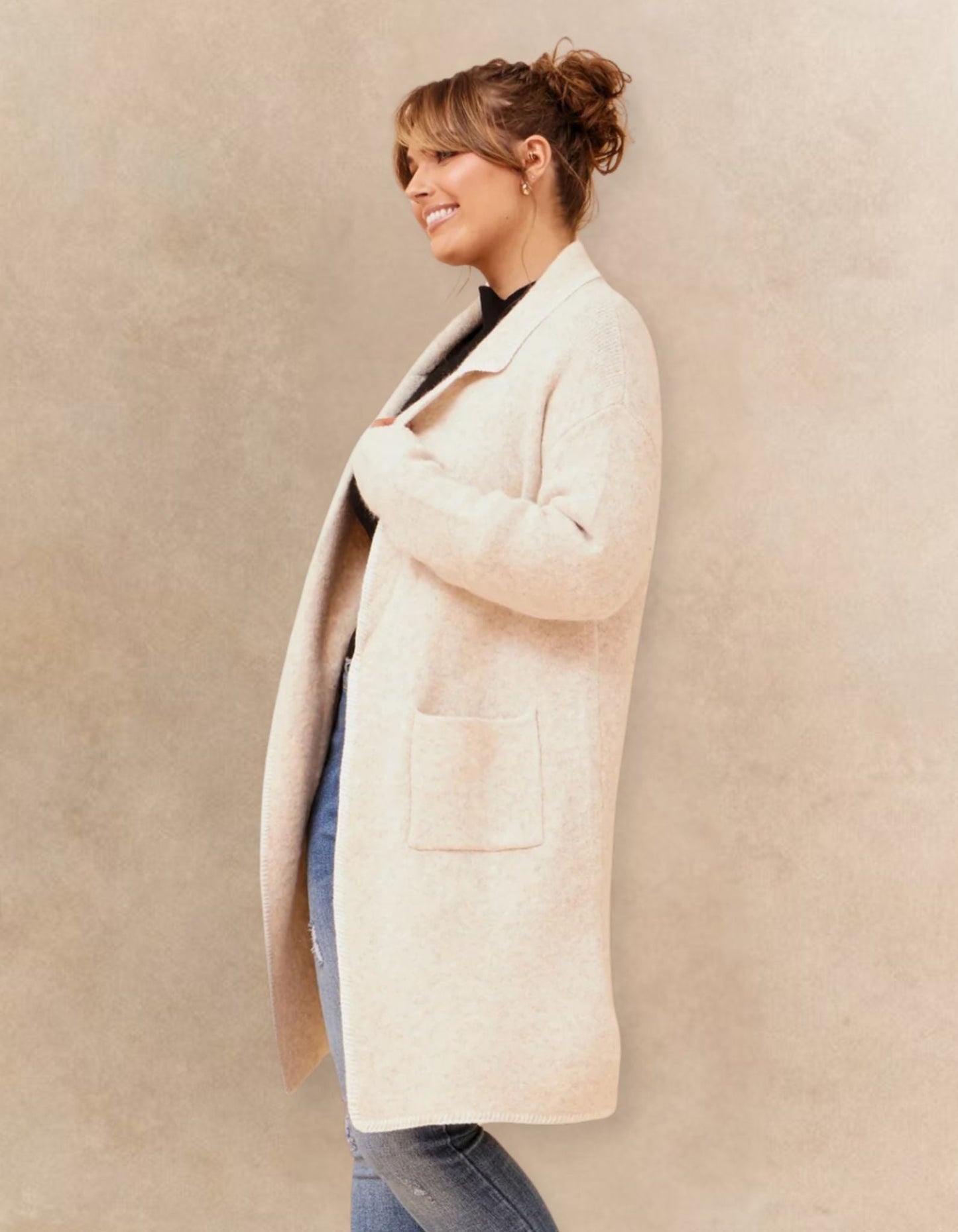 Solana Knit Cardigan Long Open-Front Contrast Stitching Pockets