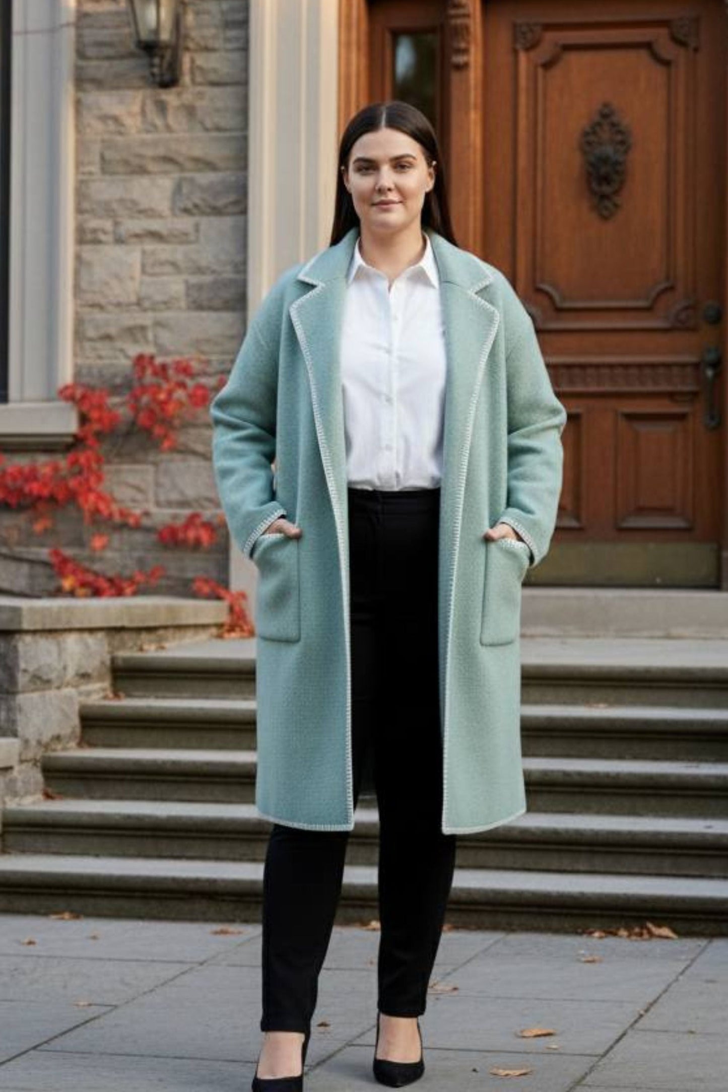 Solana Knit Cardigan Long Open-Front Contrast Stitching Pockets