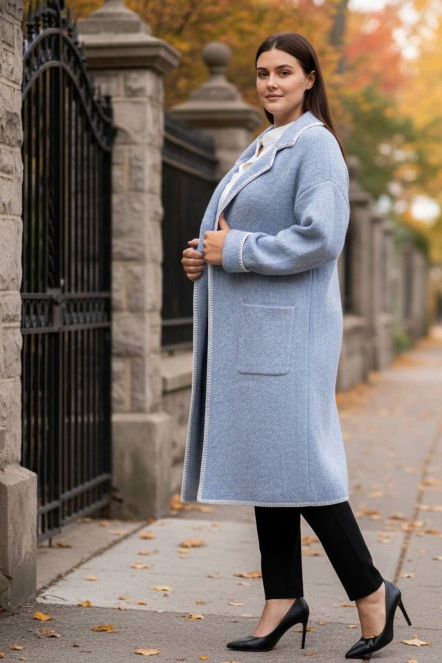 Solana Knit Cardigan Long Open-Front Contrast Stitching Pockets