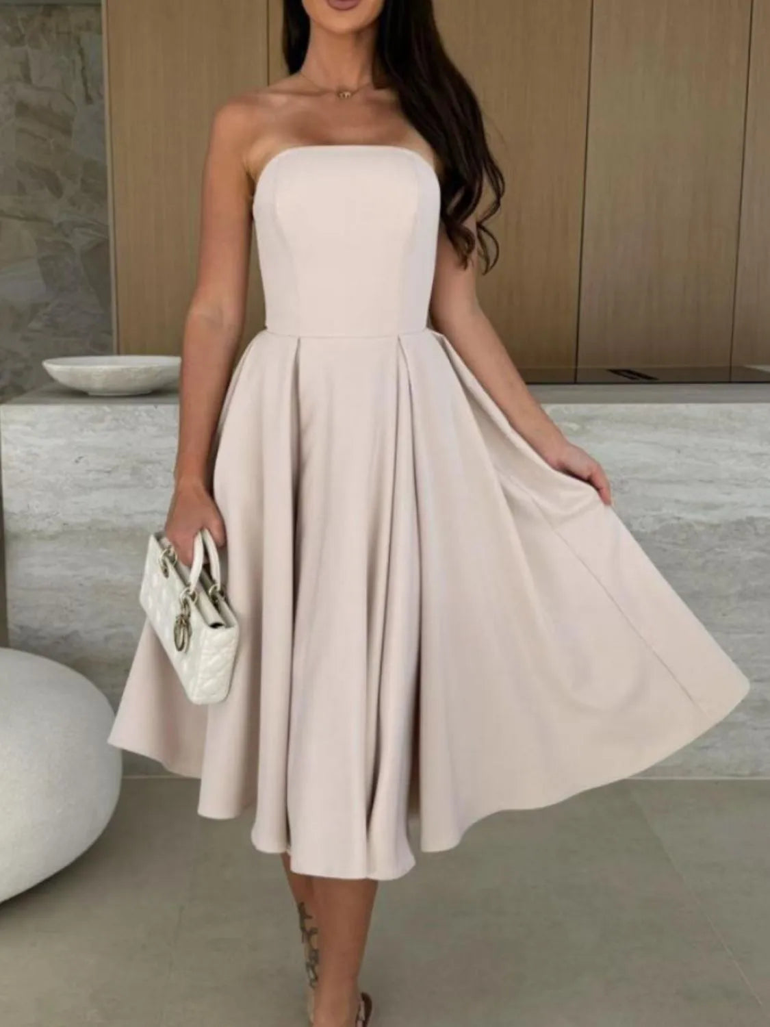 Solid Color Tube Midi Dress - Velora Luxury Fashion