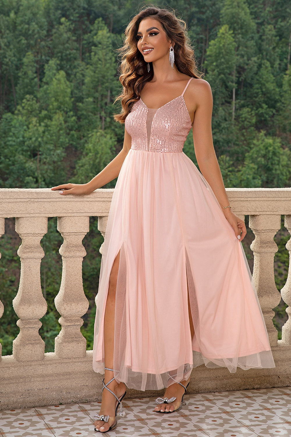 Spaghetti Strap Slit Mesh Dress - Velora Luxury Fashion