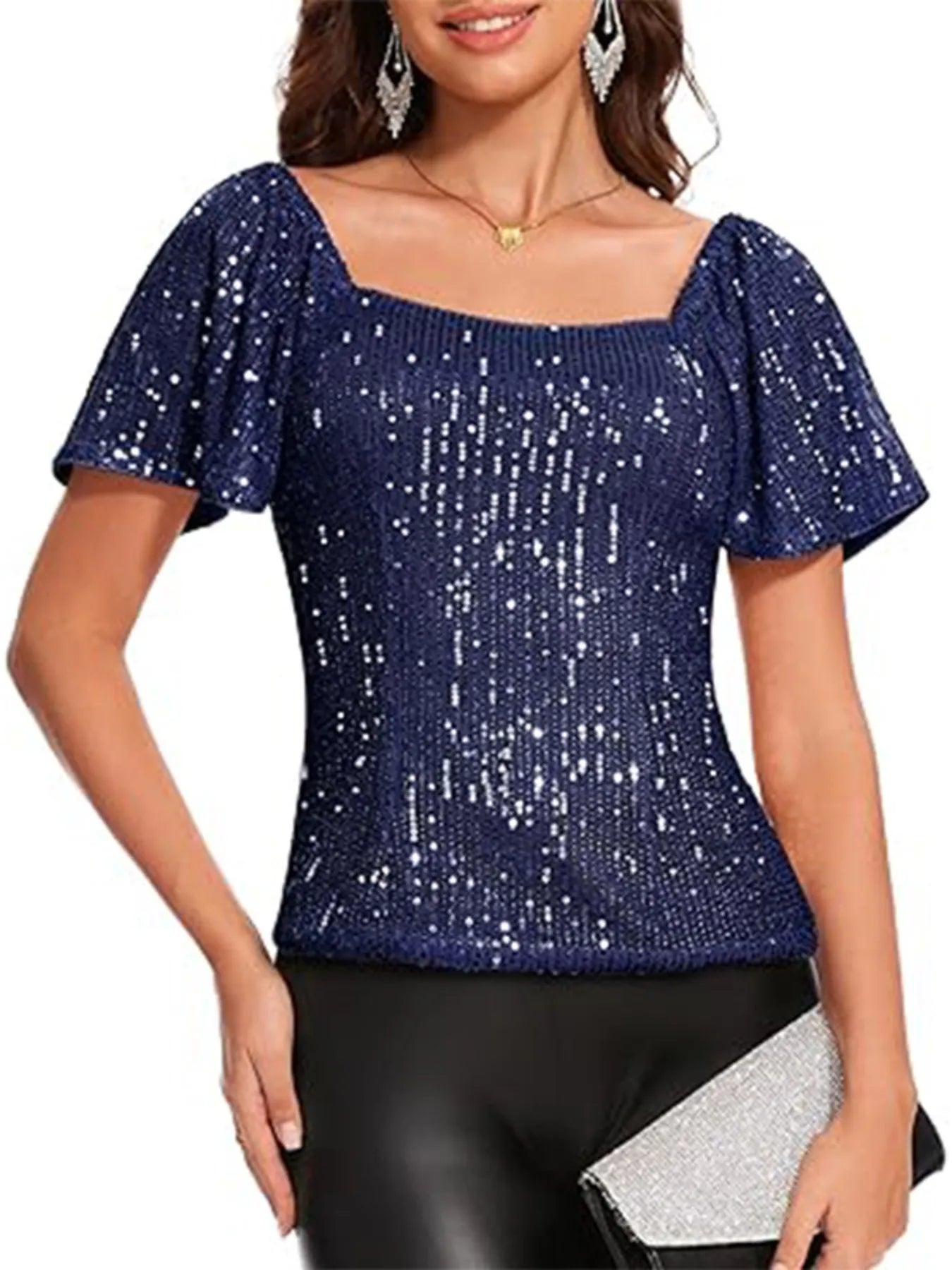 Square Neck Sequin Short Sleeve Blouse - Velora Luxury Fashion