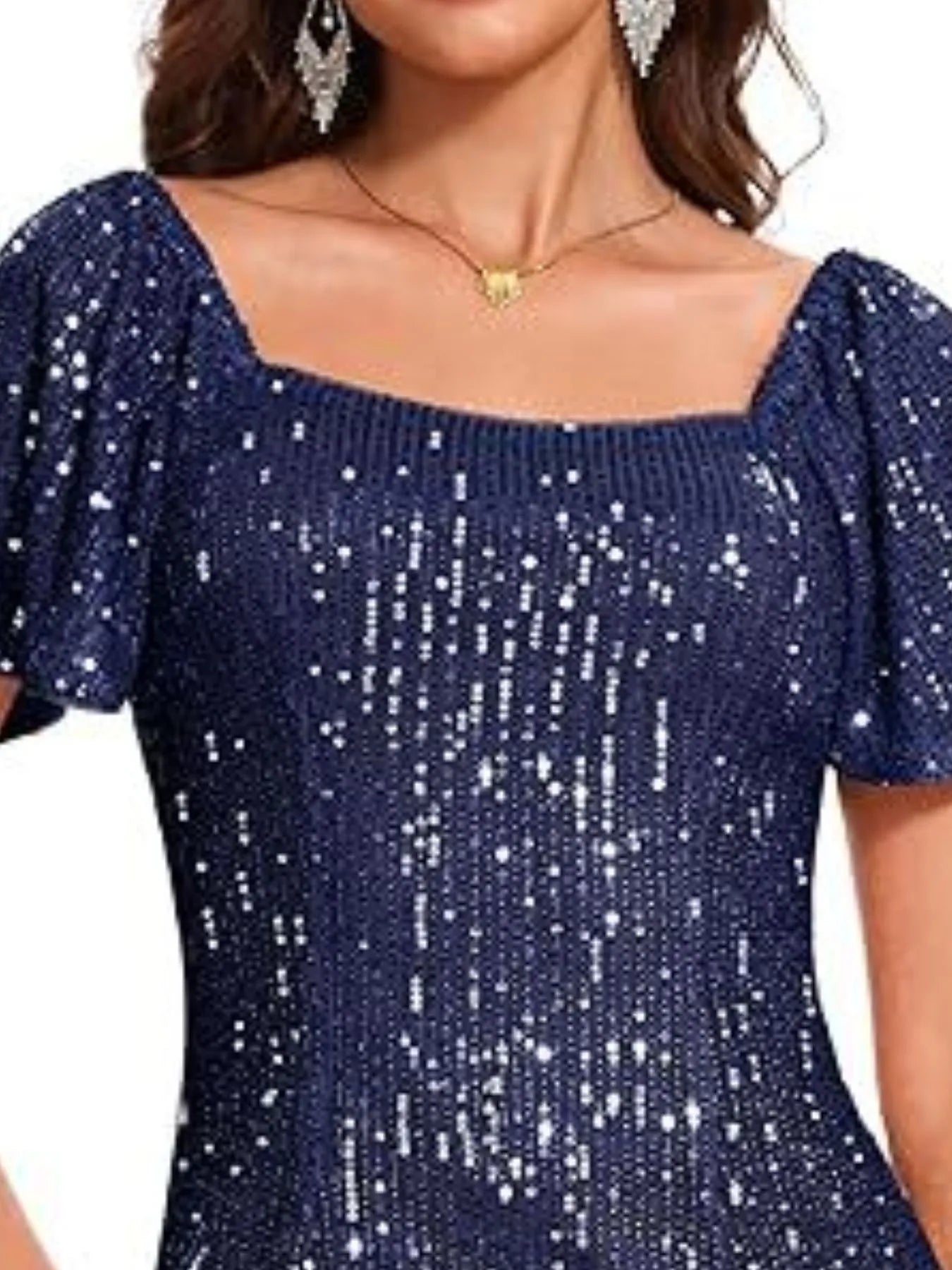 Square Neck Sequin Short Sleeve Blouse - Velora Luxury Fashion
