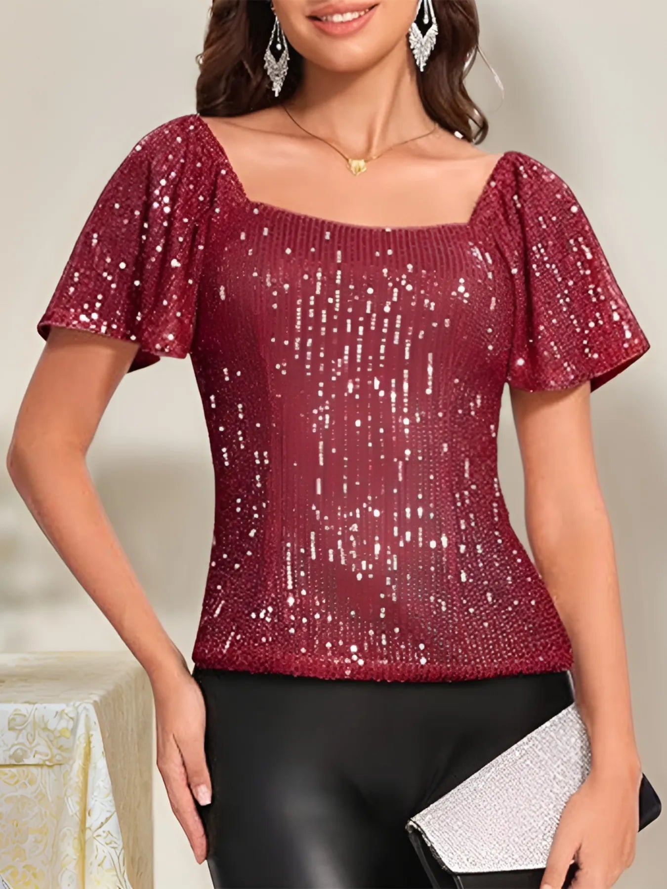 Square Neck Sequin Short Sleeve Blouse - Velora Luxury Fashion