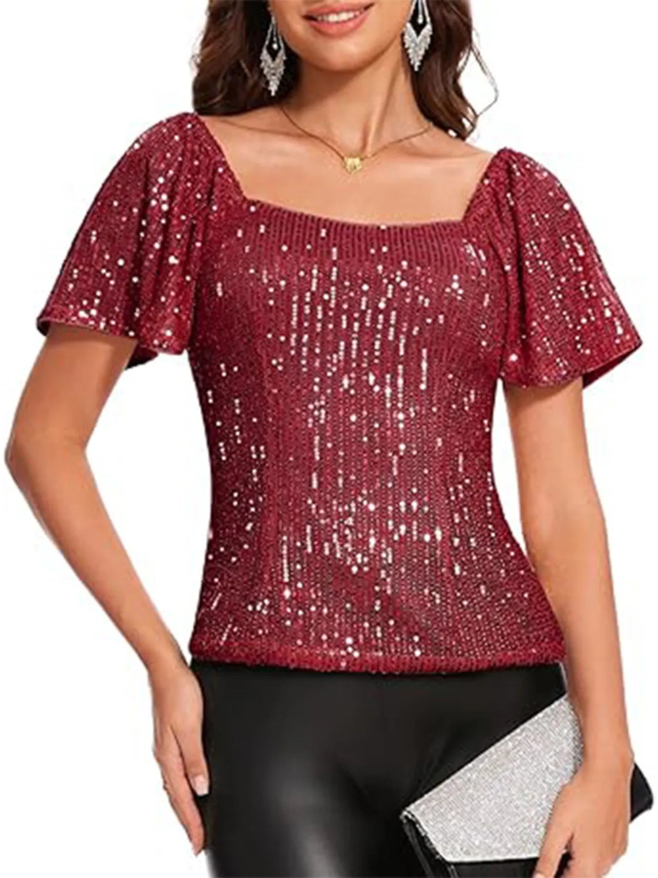 Square Neck Sequin Short Sleeve Blouse - Velora Luxury Fashion
