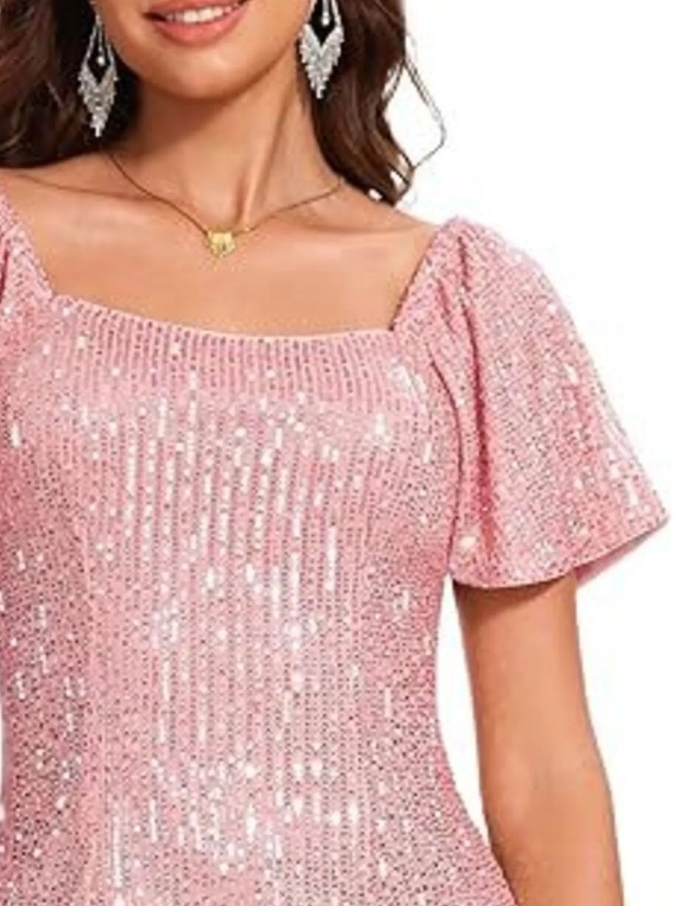Square Neck Sequin Short Sleeve Blouse - Velora Luxury Fashion