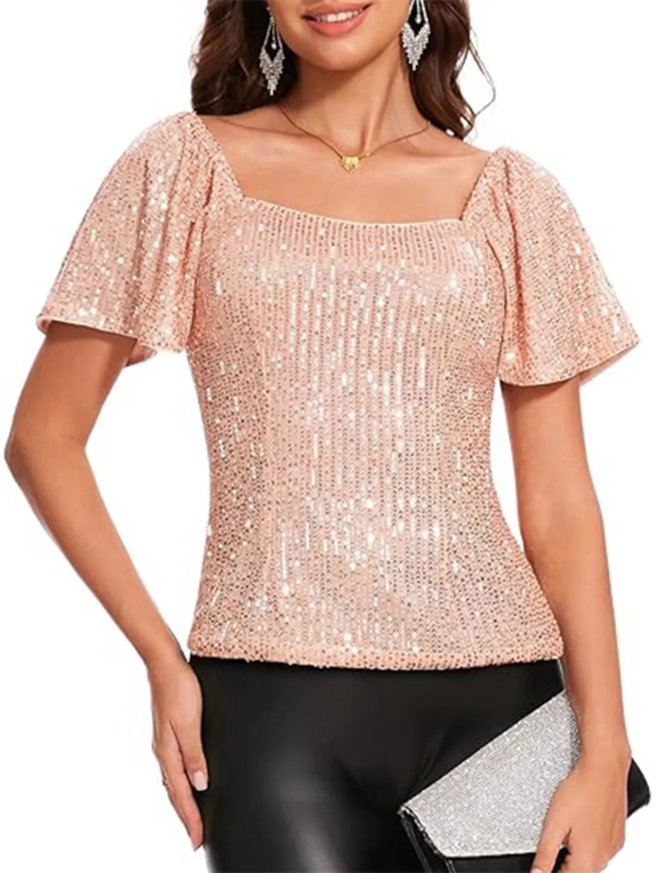 Square Neck Sequin Short Sleeve Blouse - Velora Luxury Fashion