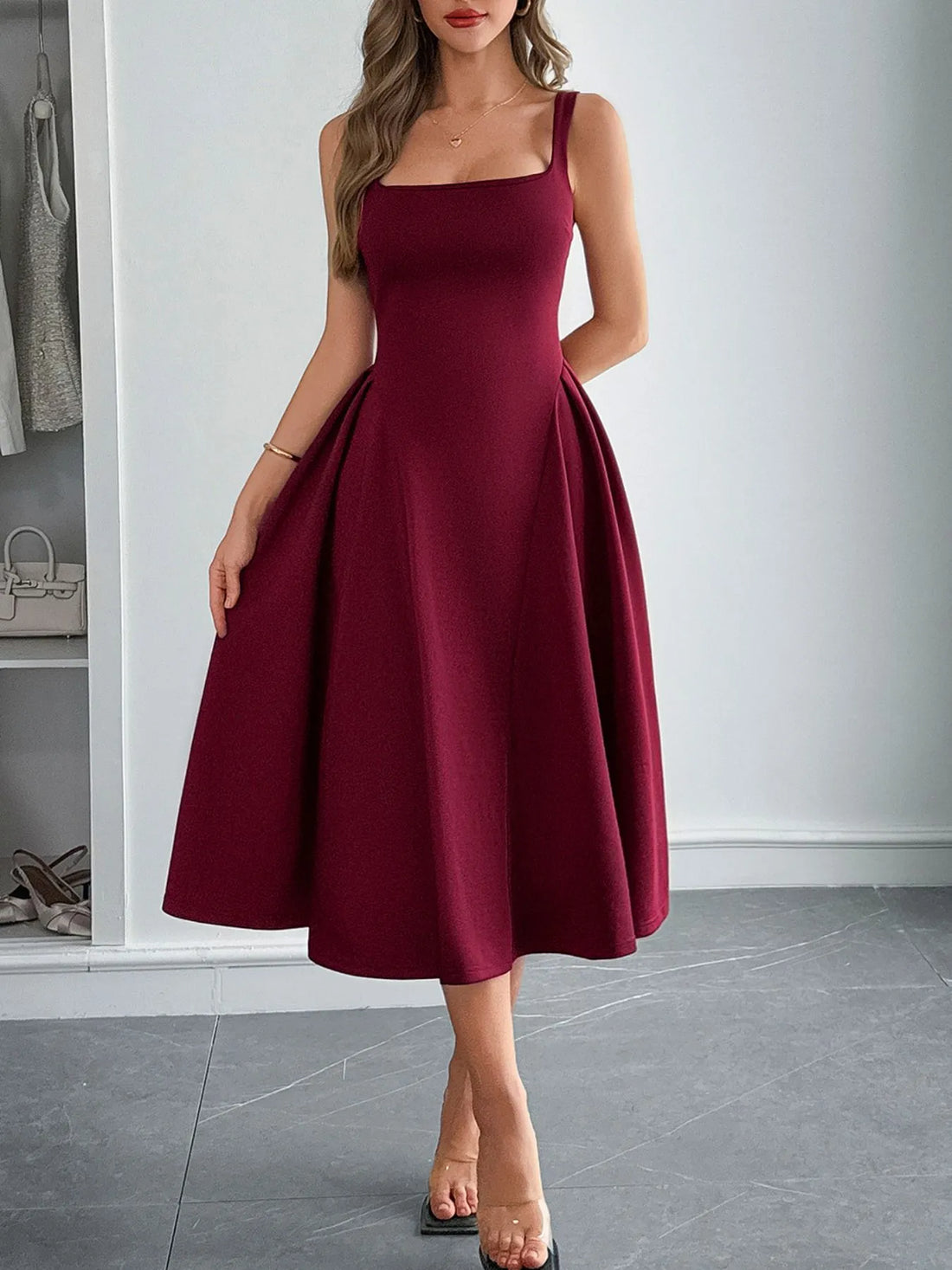 Square Neck Wide Strap Midi Dress - Velora Luxury Fashion