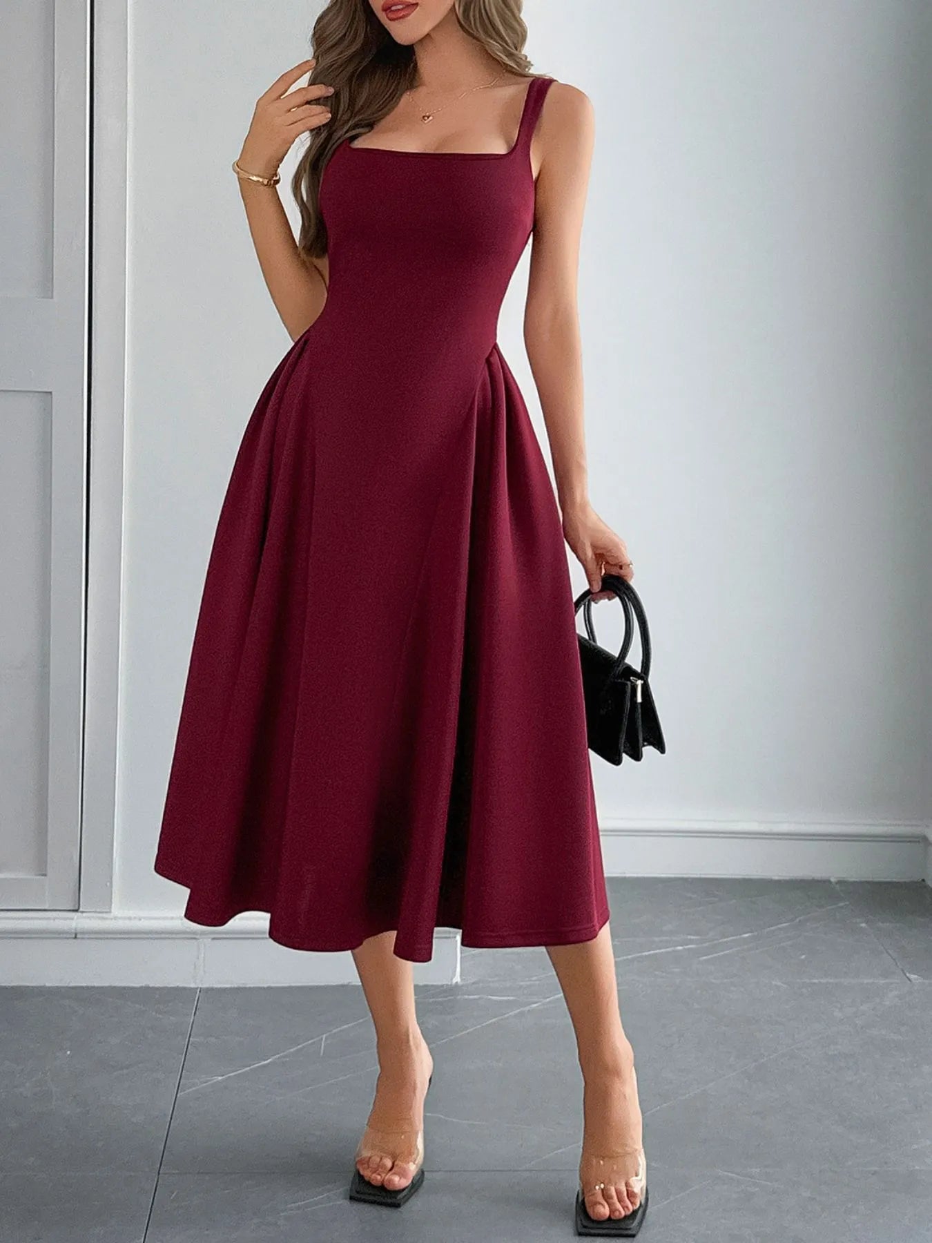 Square Neck Wide Strap Midi Dress - Velora Luxury Fashion