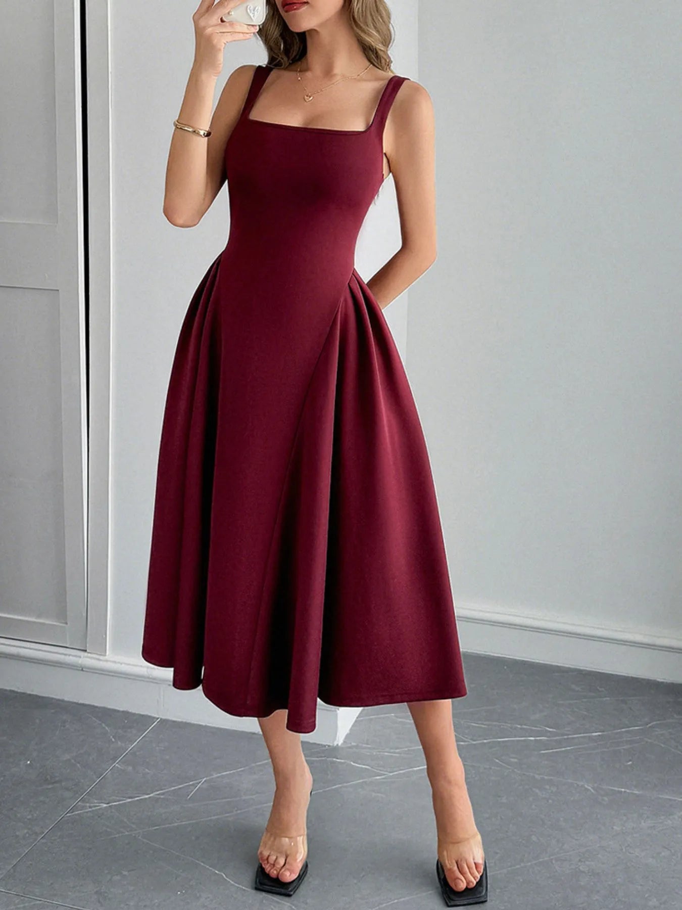 Square Neck Wide Strap Midi Dress - Velora