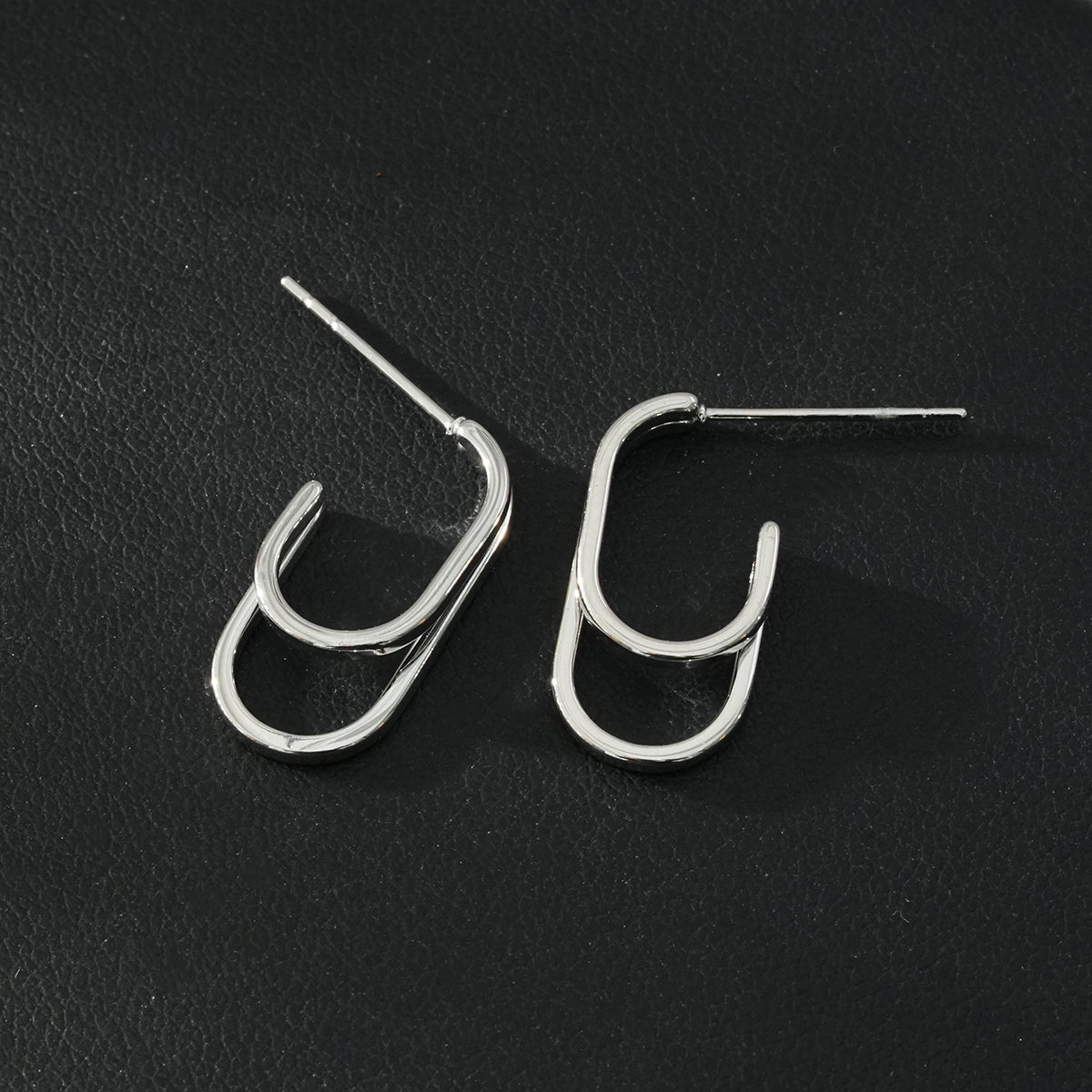 St SIMON White Gold (Silver Toned): Rounded Corners Double Rectangle Hoop Earrings - Velora Luxury Fashion