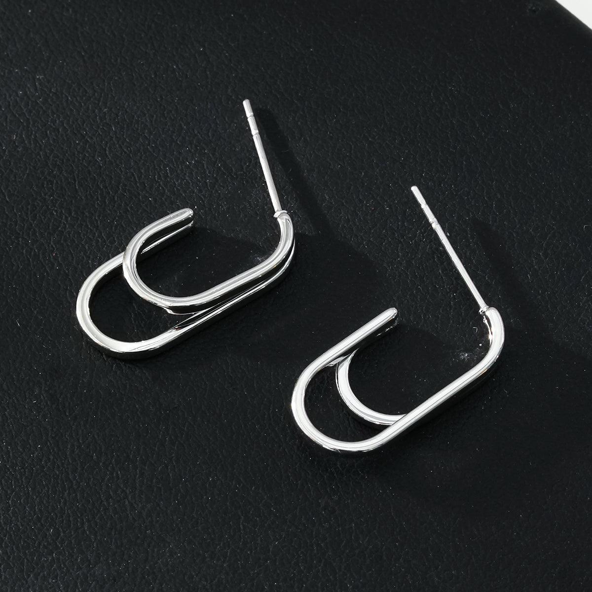 St SIMON White Gold (Silver Toned): Rounded Corners Double Rectangle Hoop Earrings - Velora Luxury Fashion
