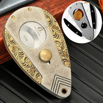 Solid Brass Engraved Double-edged Cigar Cutter with Leather Holster