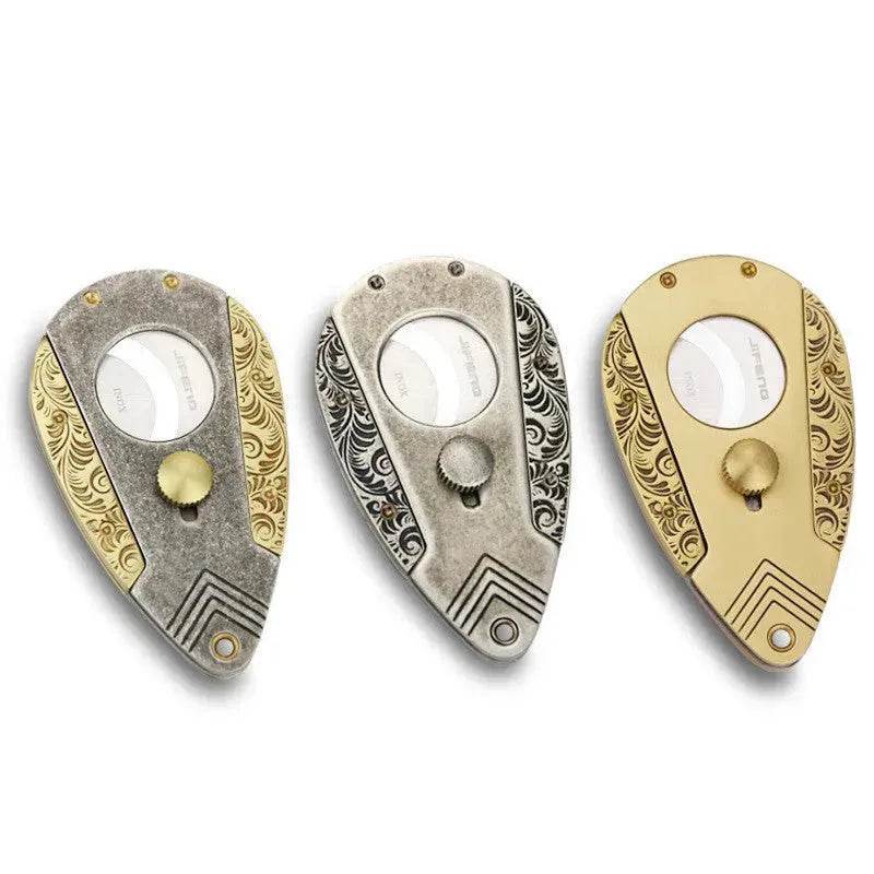 Solid Brass Engraved Double-edged Cigar Cutter with Leather Holster