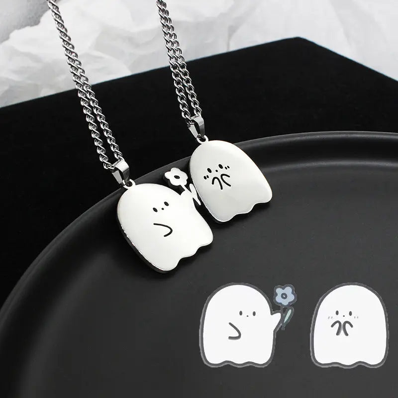 Stainless Steel Cute Ghost Couple Necklace Kawaii Animal Cat Pendant Necklace Lovers Friendship Jewelry Gifts - Velora