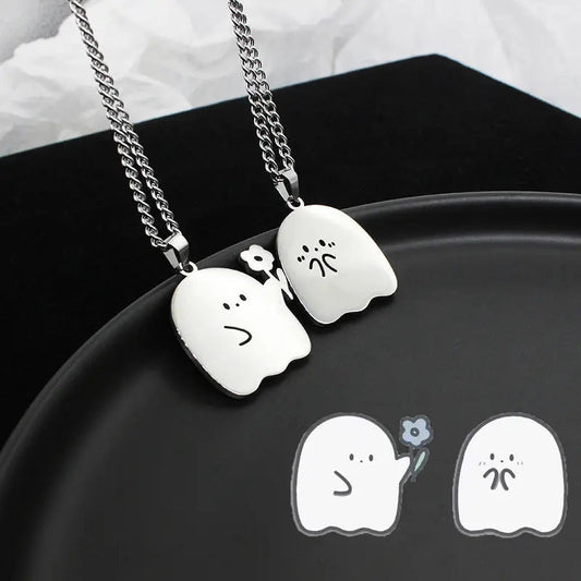 Stainless Steel Cute Ghost Couple Necklace Kawaii Animal Cat Pendant Necklace Lovers Friendship Jewelry Gifts - Velora