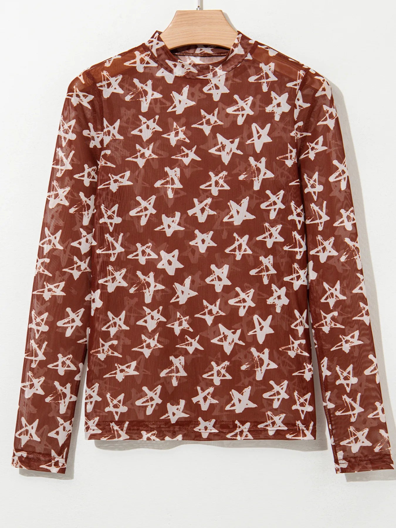 Star Print Long Sleeve Mock Neck Top - Velora Luxury Fashion