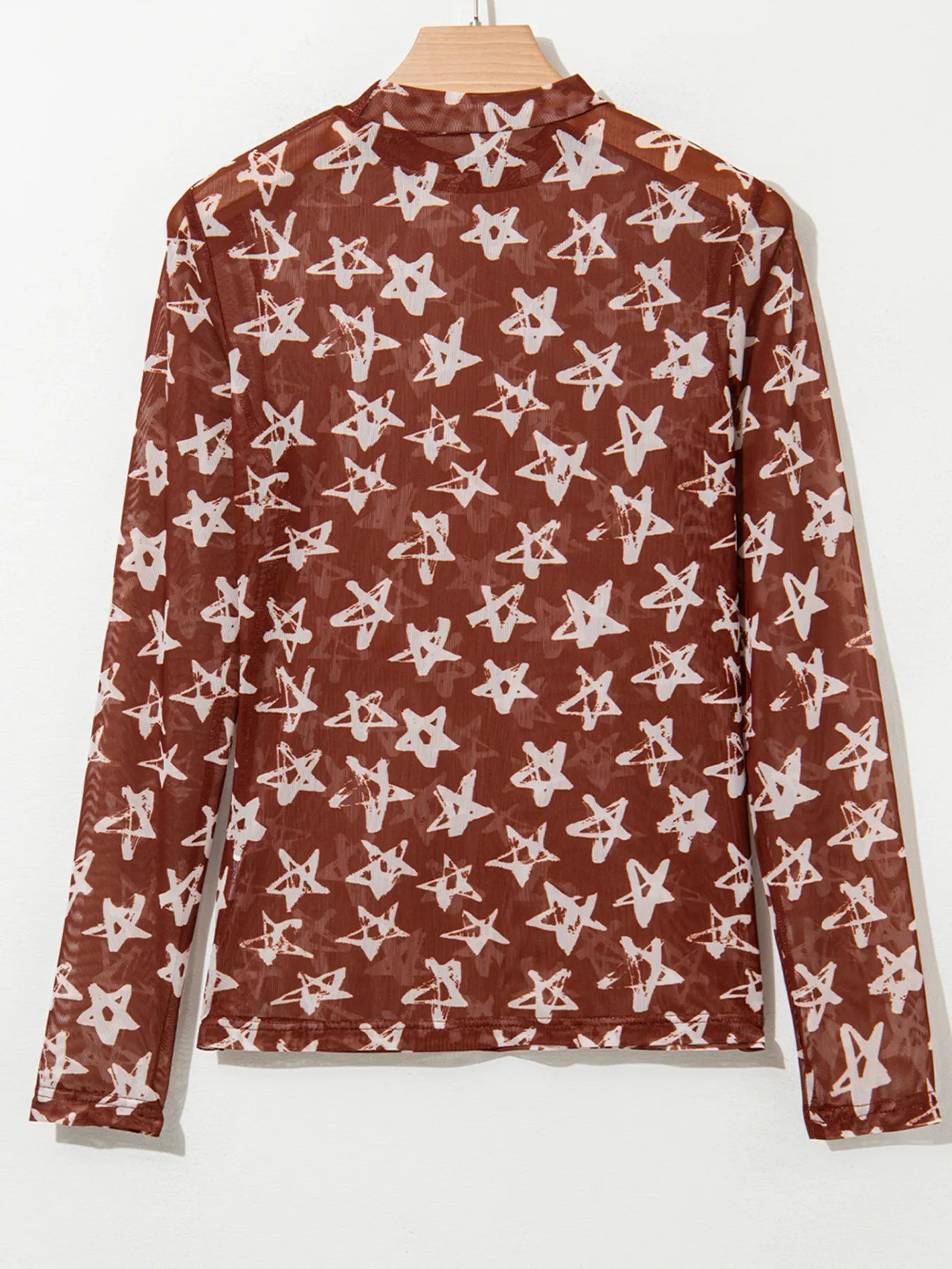 Star Print Long Sleeve Mock Neck Top - Velora Luxury Fashion