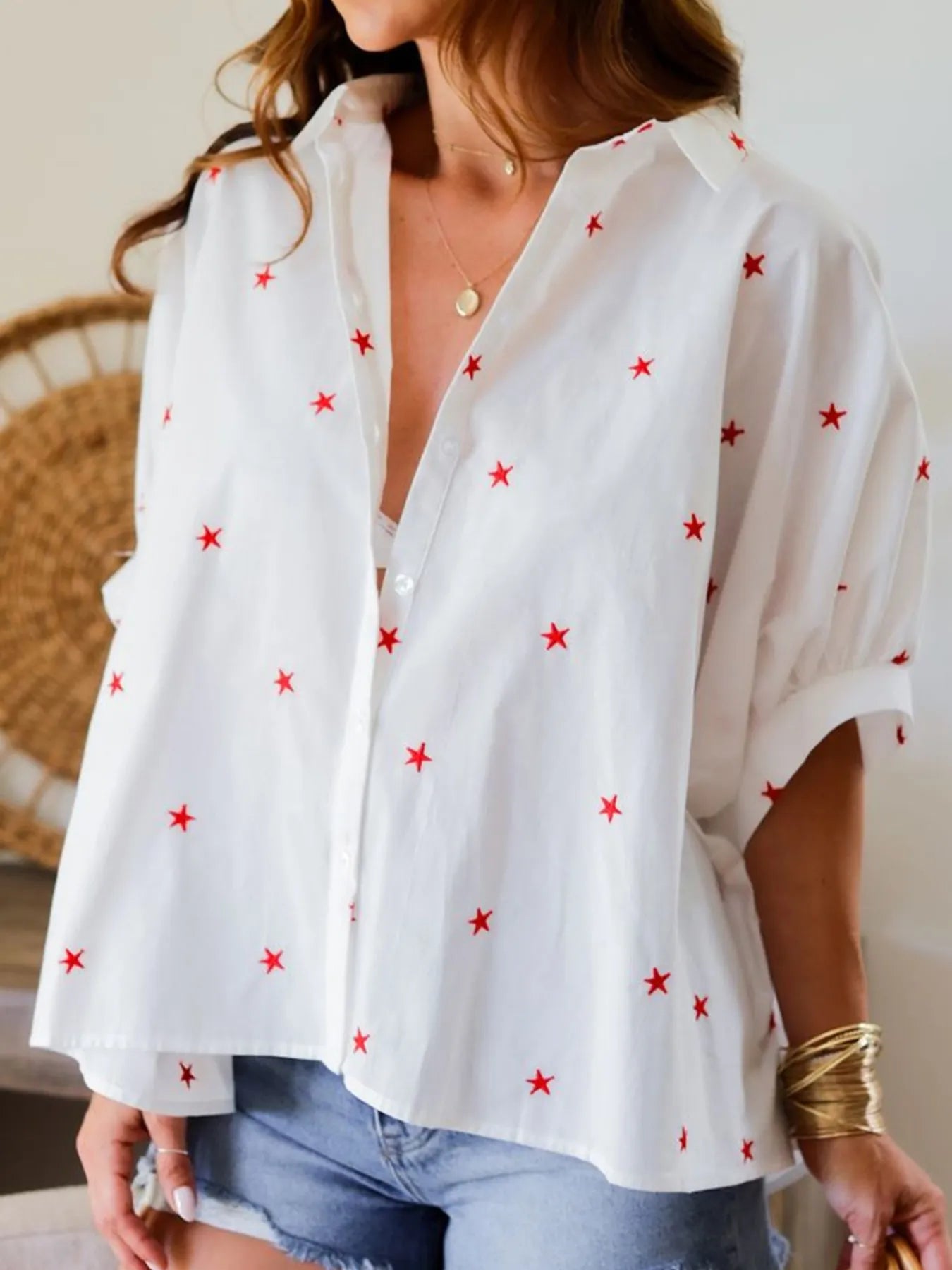 Star Print Puff Sleeve Button-Up Shirt - Velora Luxury Fashion