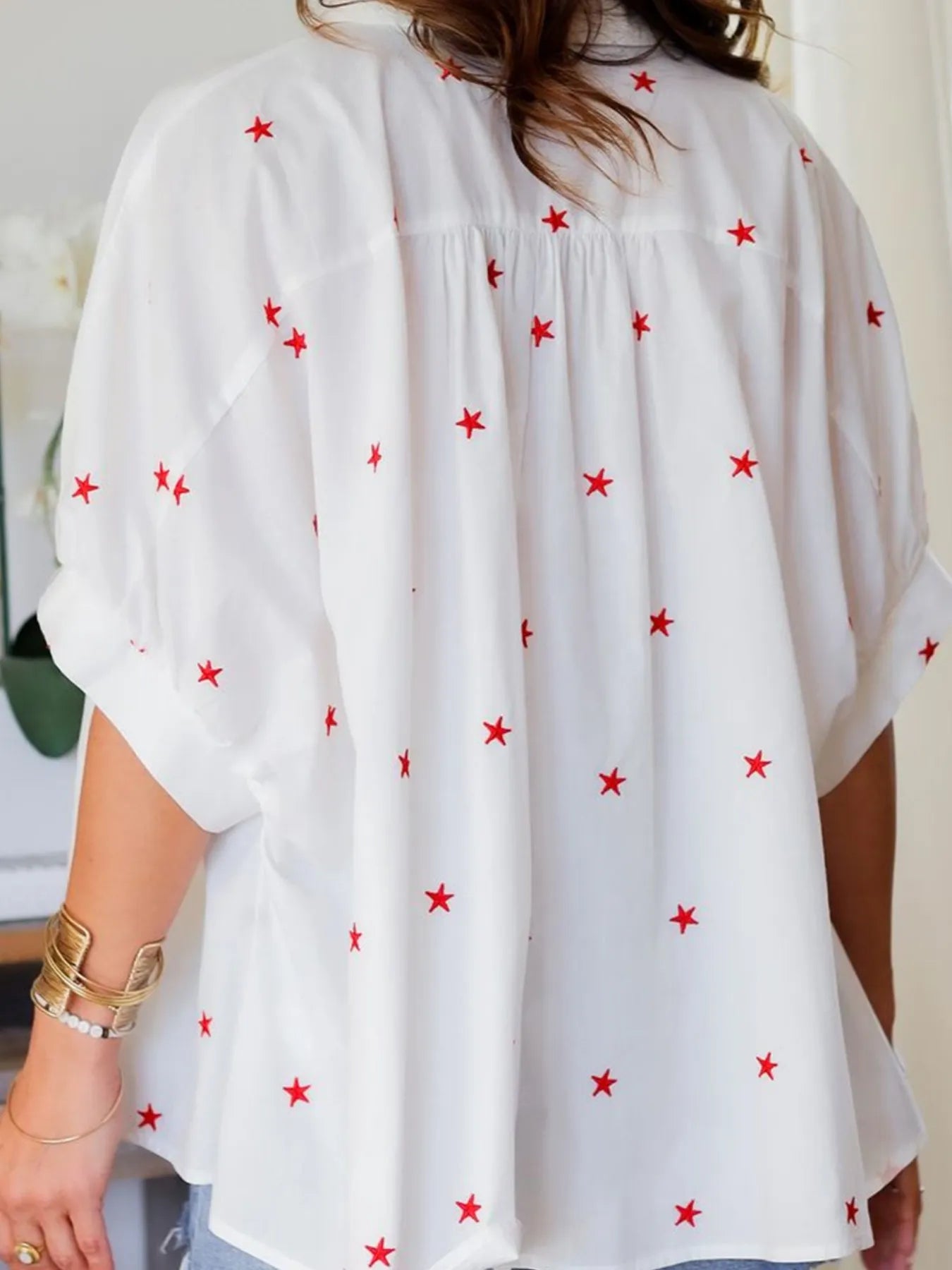 Star Print Puff Sleeve Button-Up Shirt - Velora Luxury Fashion
