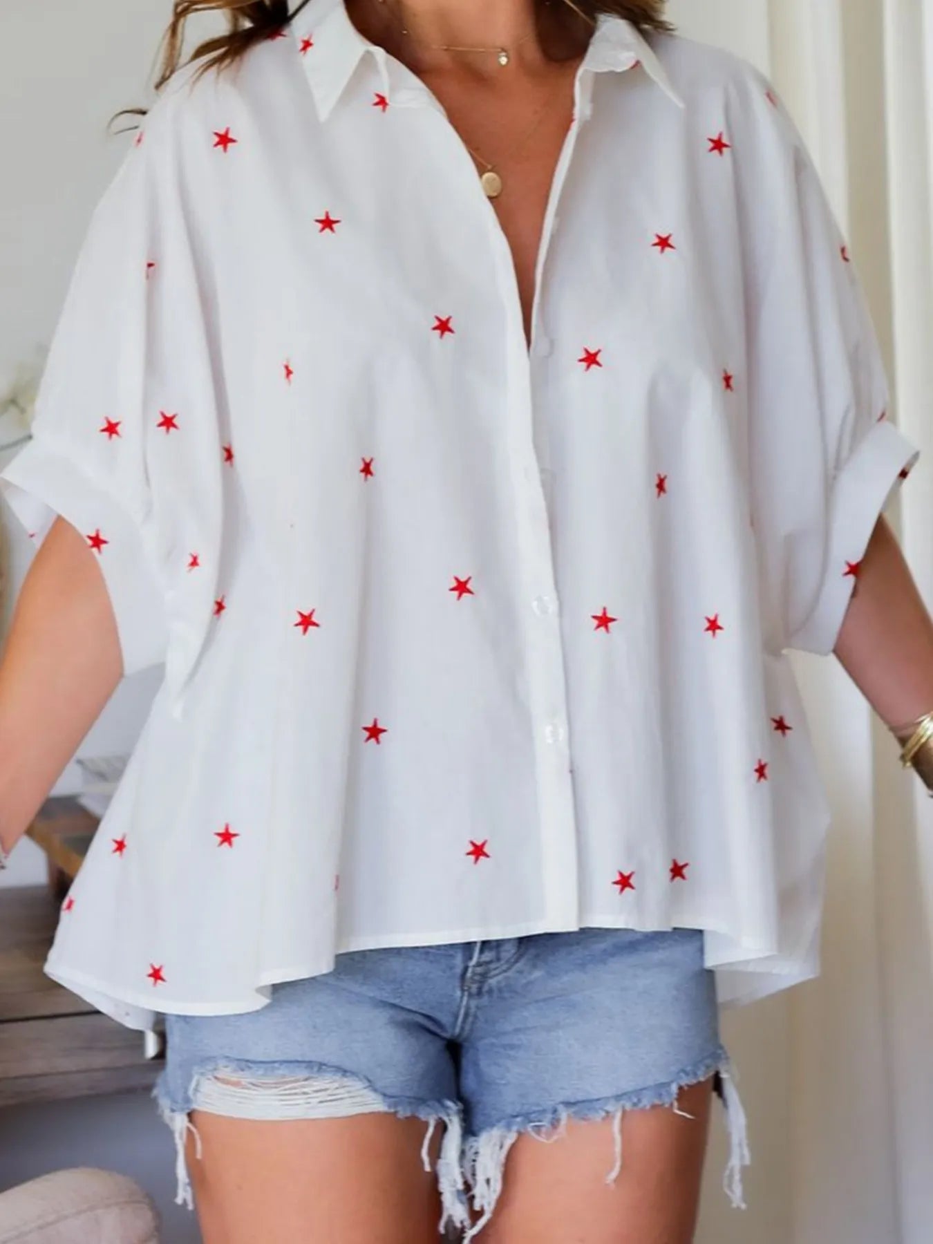 Star Print Puff Sleeve Button-Up Shirt - Velora Luxury Fashion
