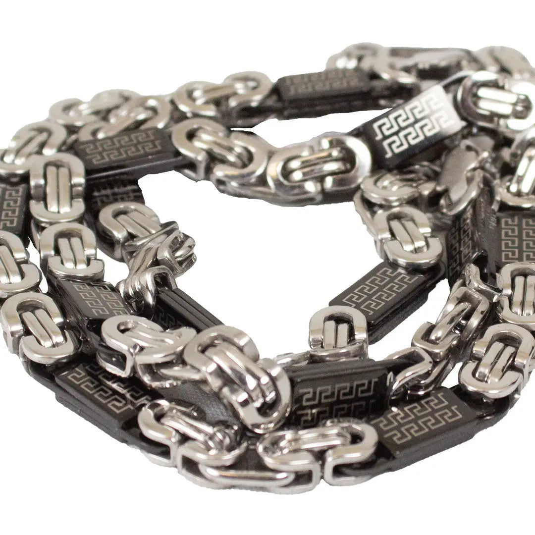 SteelTime Men's Two Tone Stainless Steel and Black IP Byzantine Necklace with Greek Key Accents Boutique of Leathers/Open Road