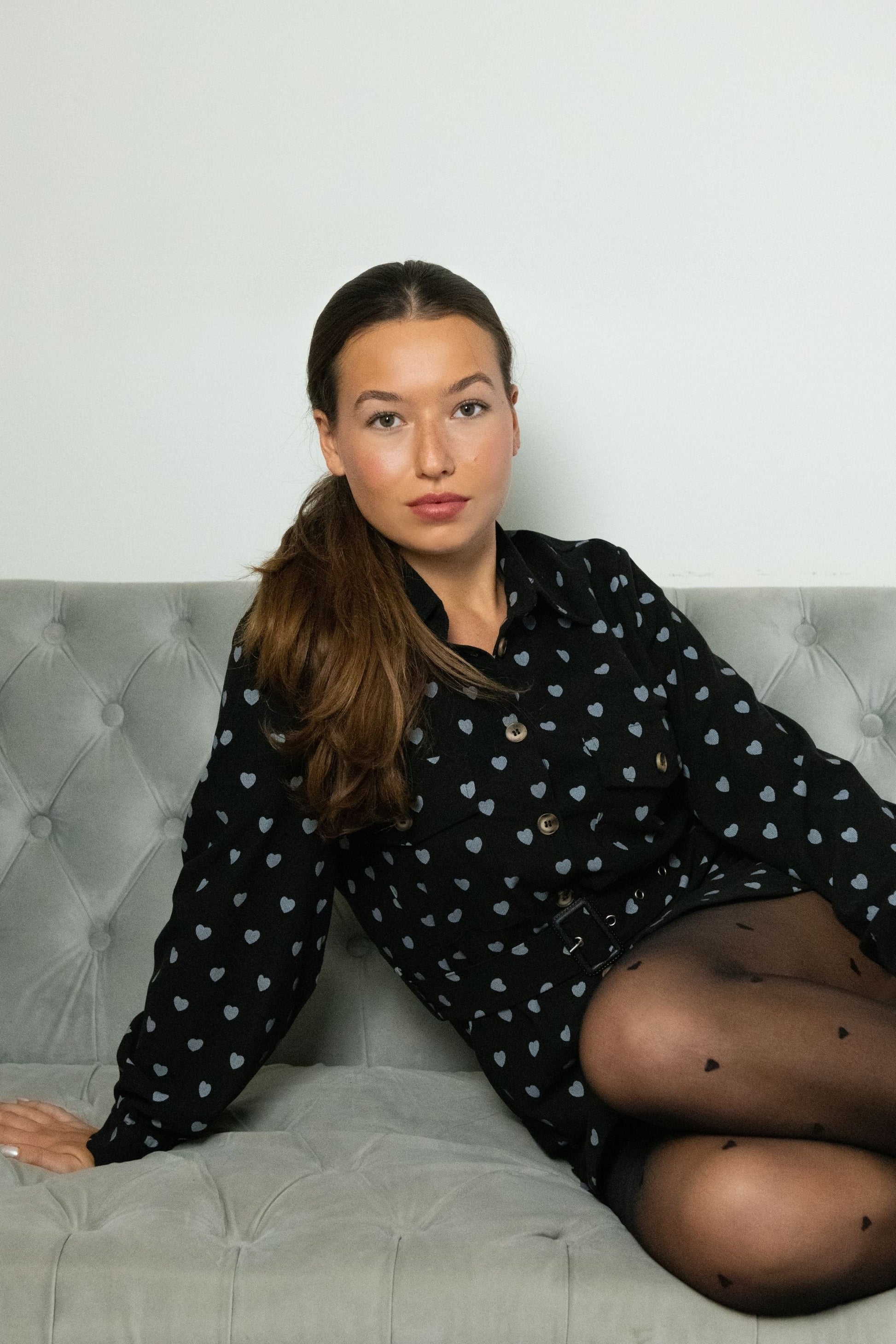 Stephanie Heart Print Tunic Shirt Long Sleeve Button Down Belted - Velora Luxury Fashion